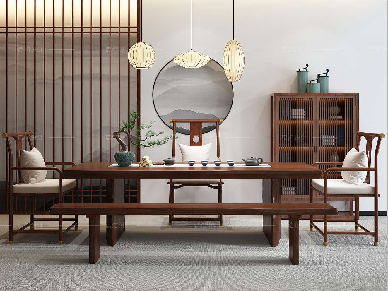 New Chinese style，furniture，tea table，Modeling and rendering，Table，