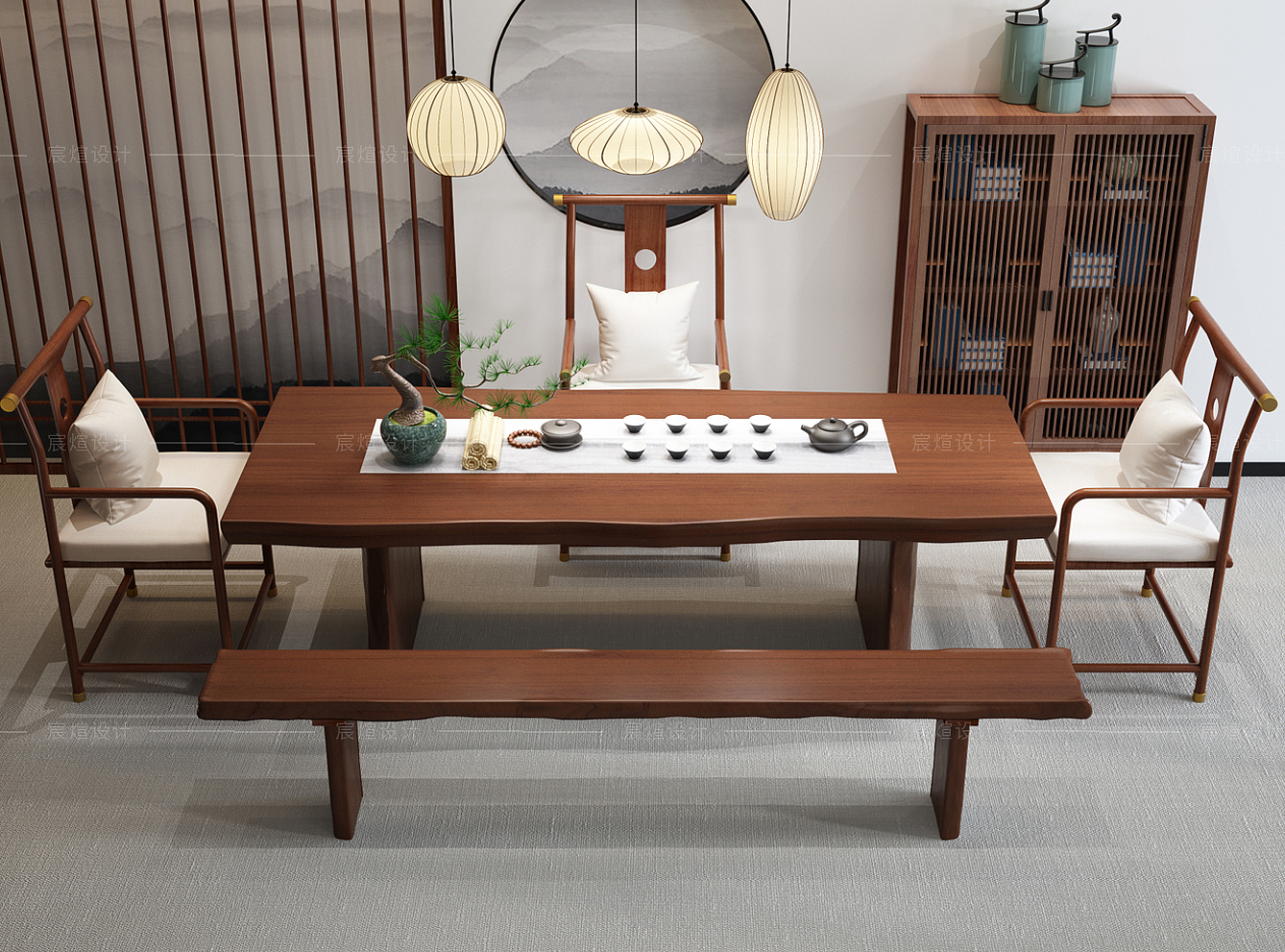 New Chinese style，furniture，tea table，Modeling and rendering，Table，