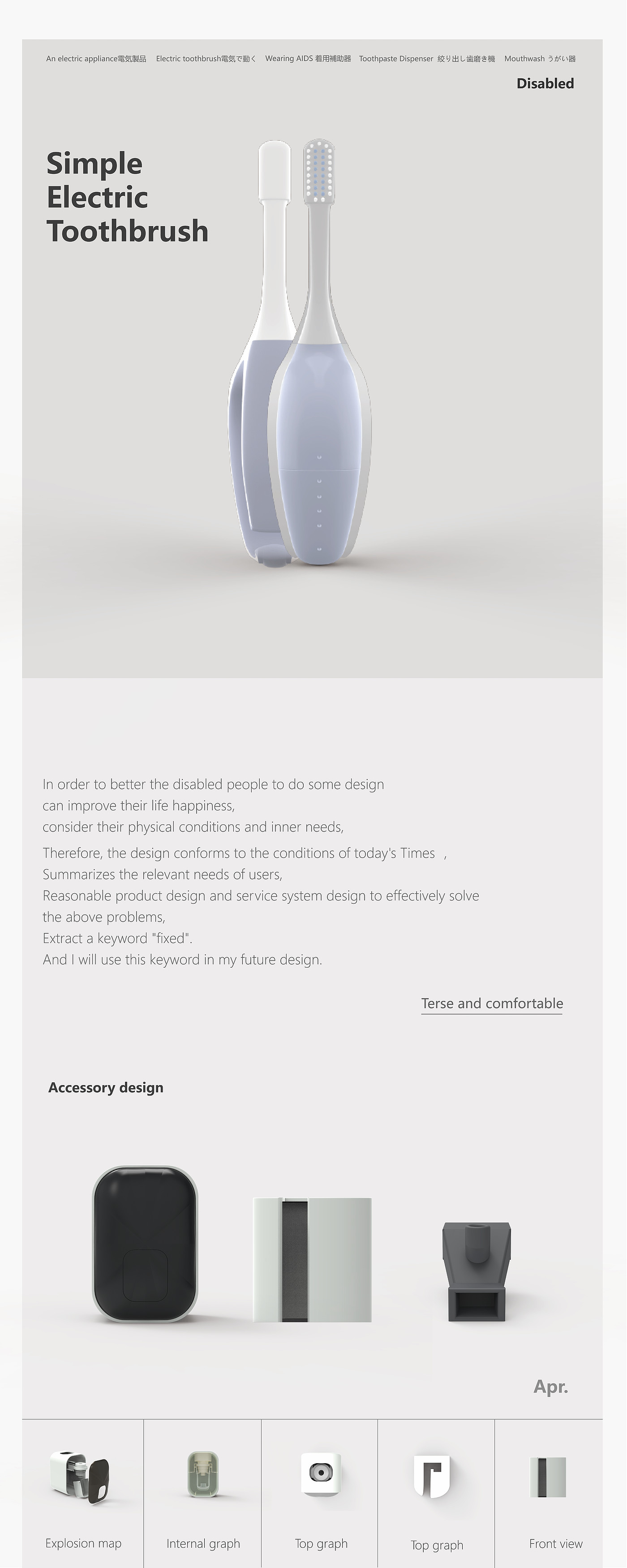 Bi Sheh，Design of electric toothbrush for the disabled without hands，Design of electric toothbrush for the disabled without hands，