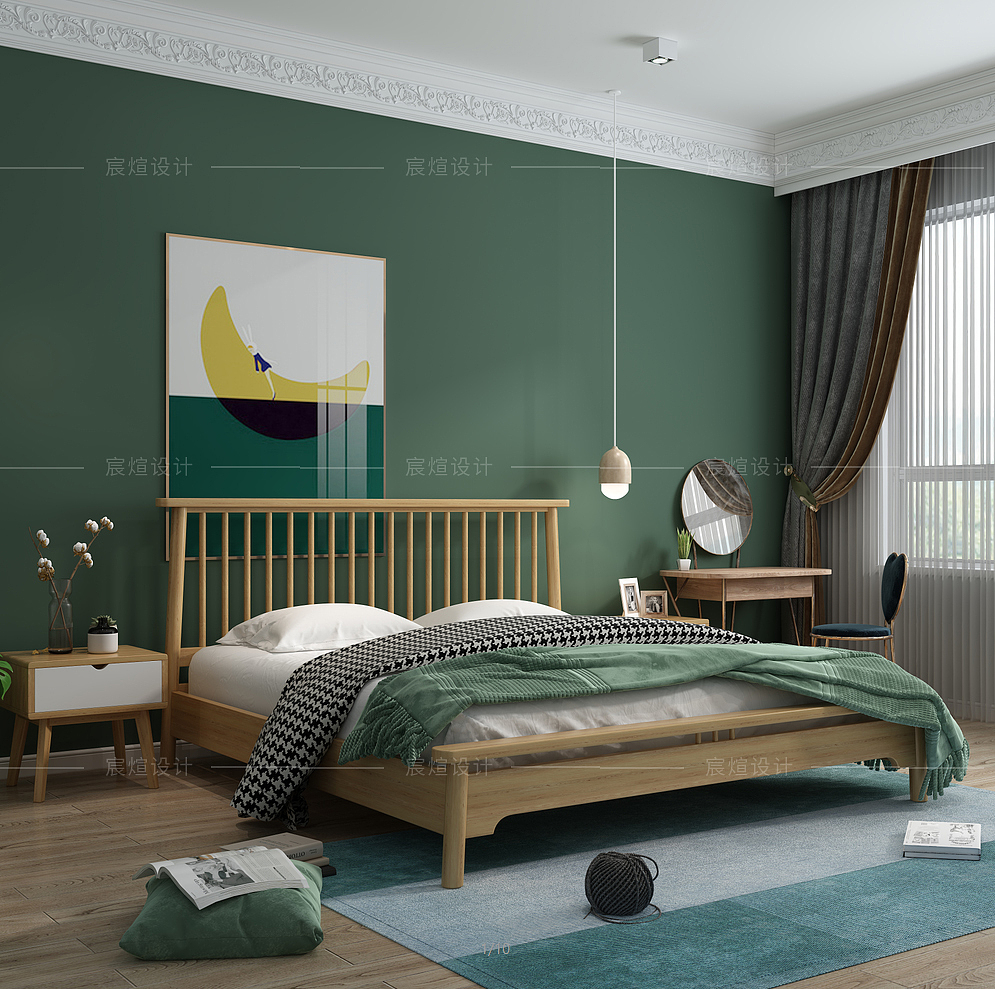 Modeling and rendering，Modern wooden bed，