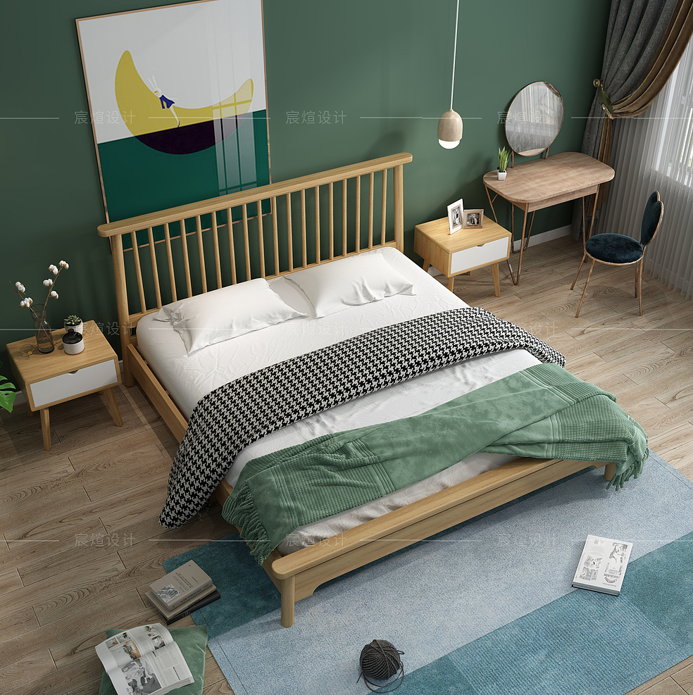 Modeling and rendering，Modern wooden bed，