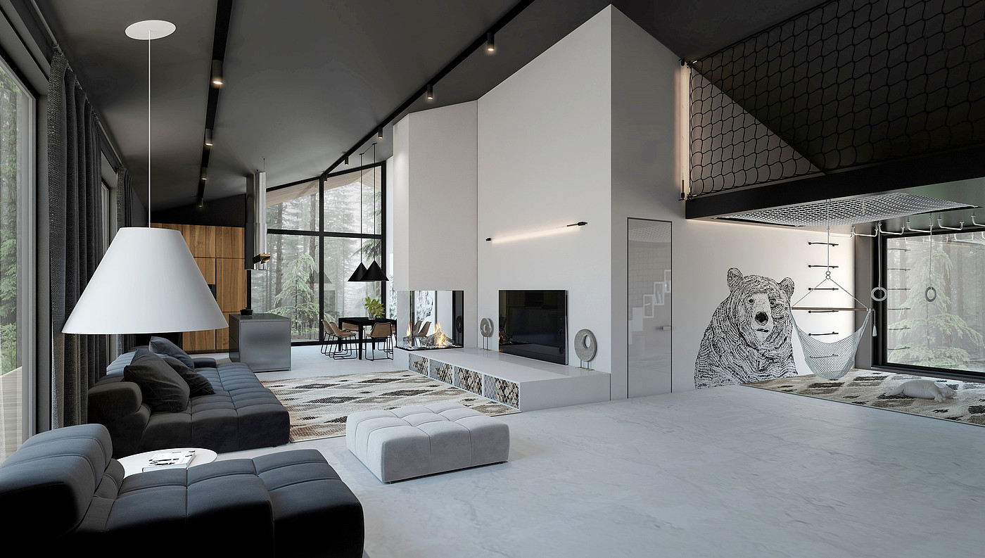 forest，Black & White，house，Interior design，