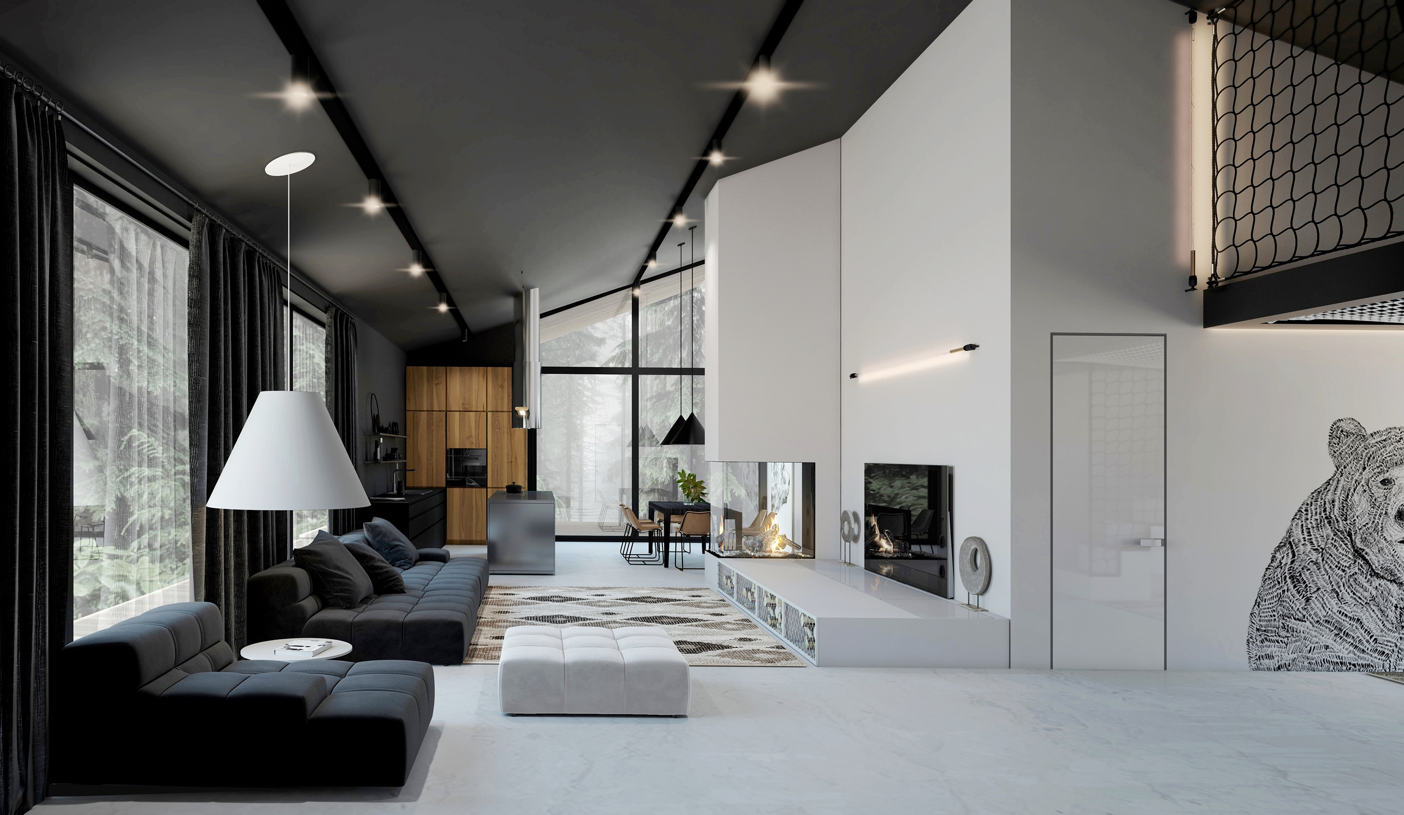 forest，Black & White，house，Interior design，