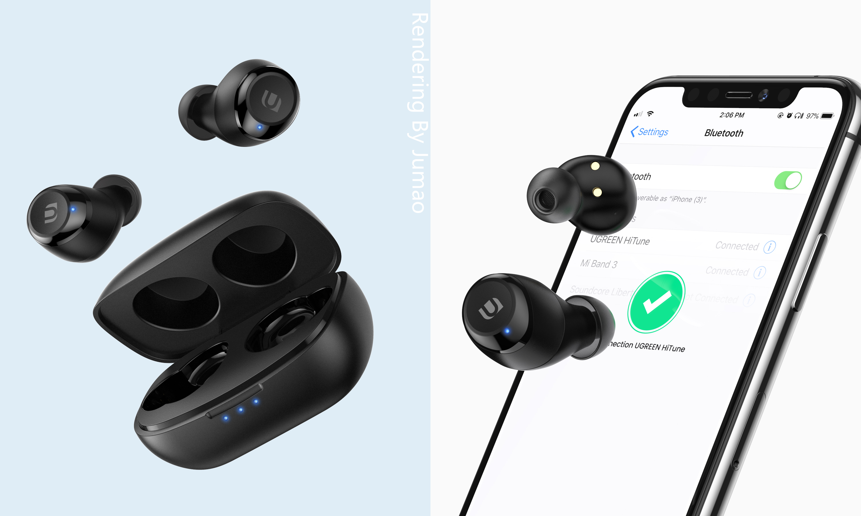 Green couplet，Lvlian products，Product rendering，headset，tws，