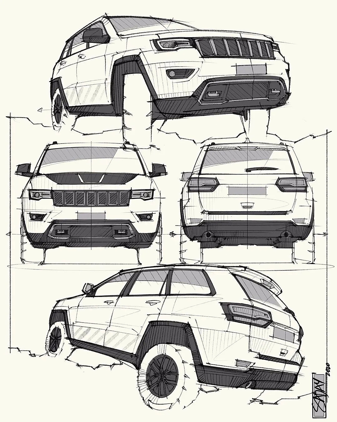 Hand drawn drawing of automobile，Automotive CMF，CMF design，