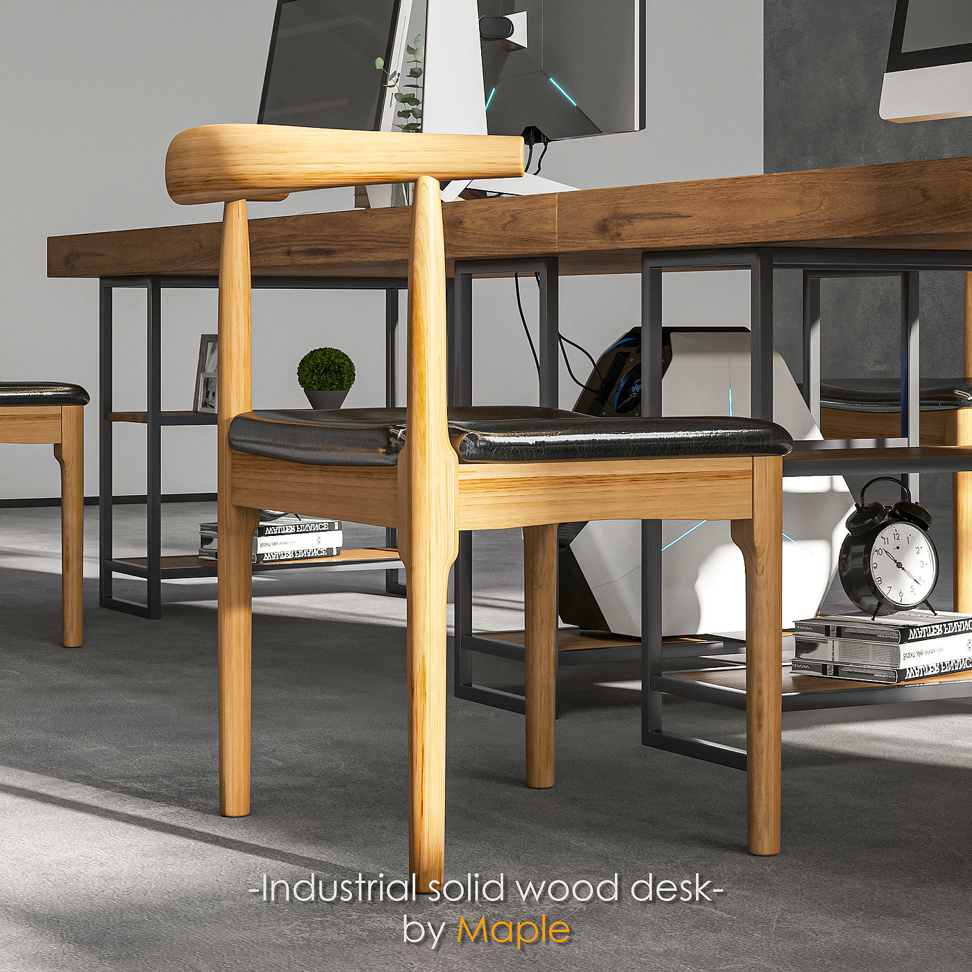 solid wood，Office desk and chair，corona，design sketch，Industry，3d，