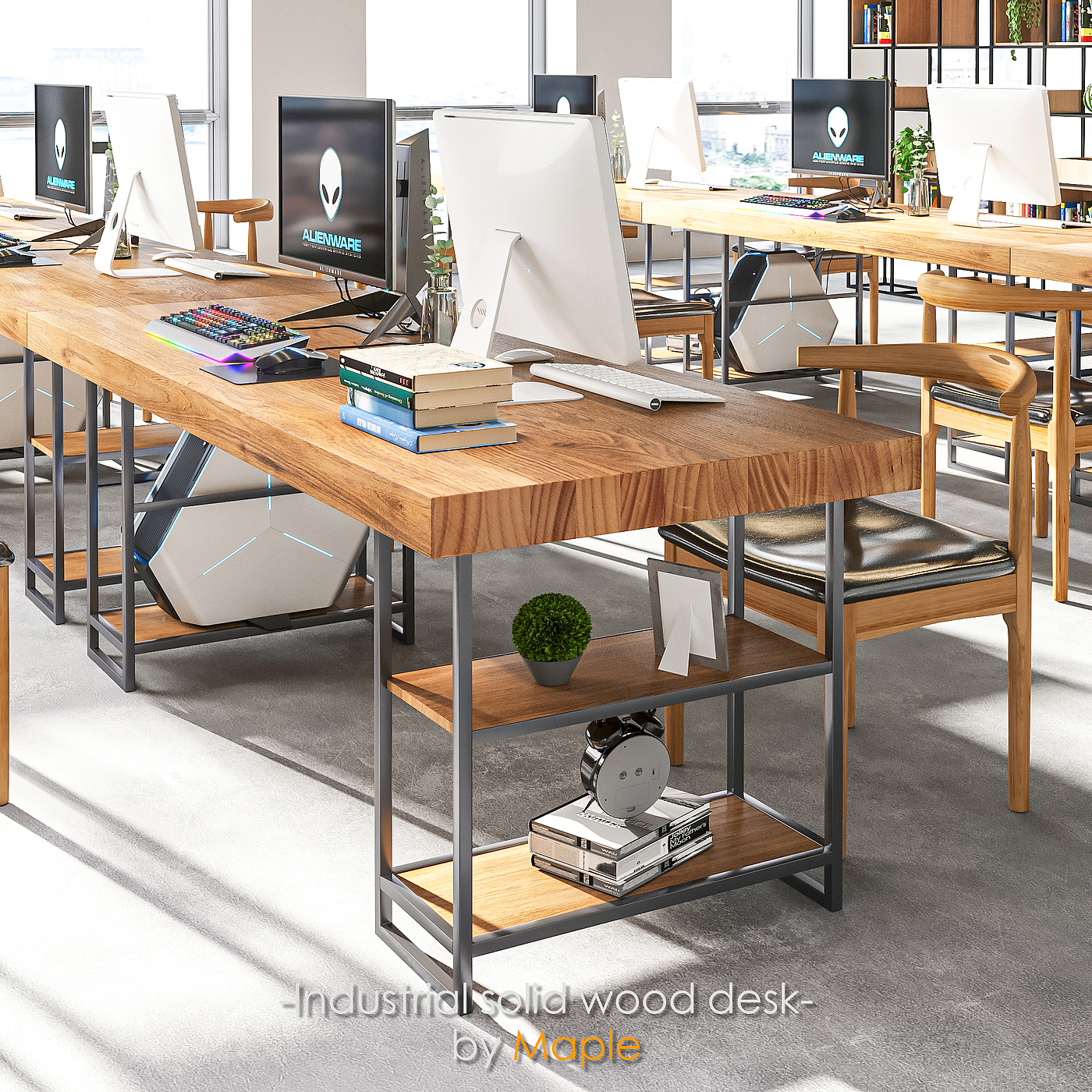 solid wood，Office desk and chair，corona，design sketch，Industry，3d，