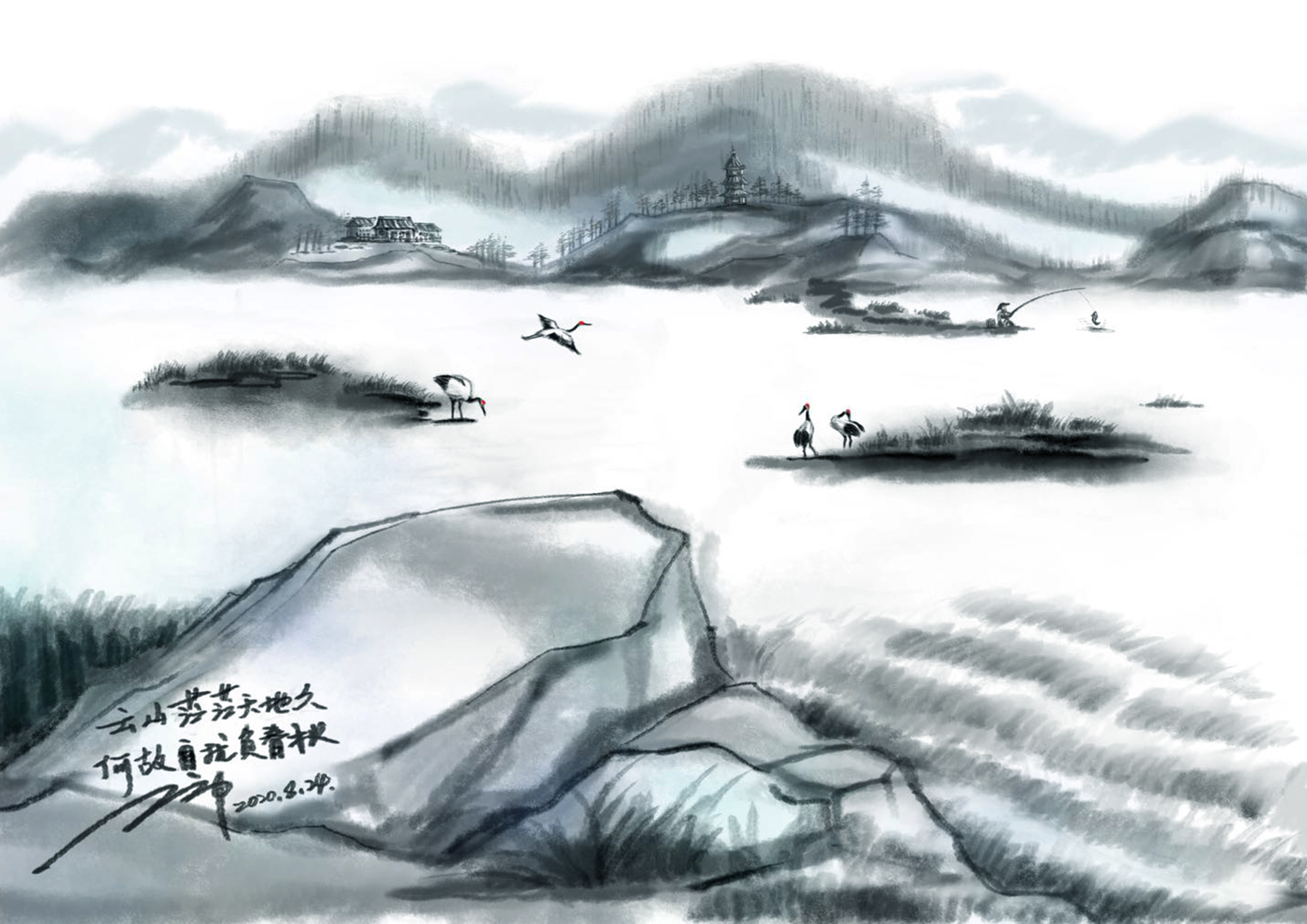 Ink and wash，landscape，crane，