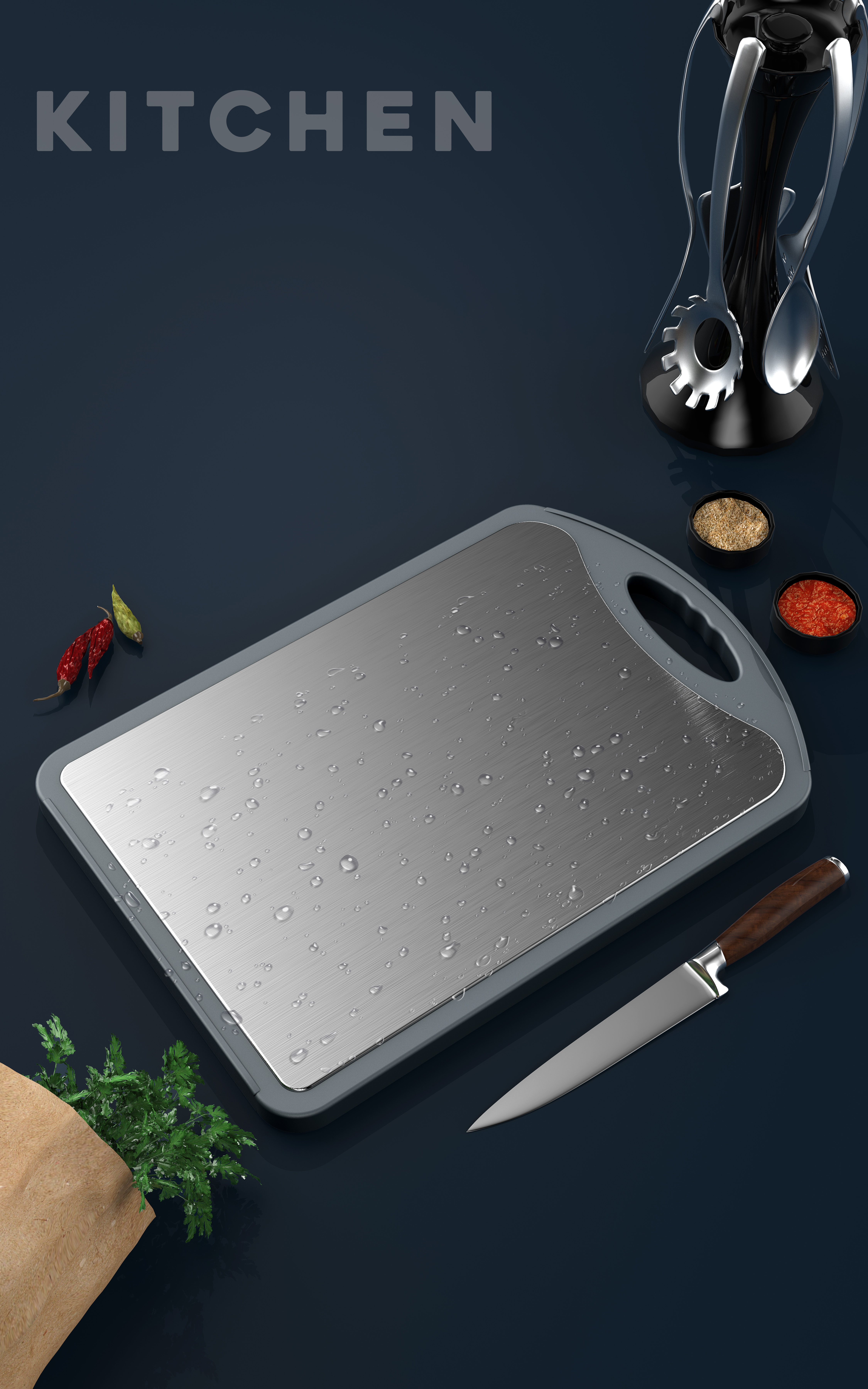 Stainless steel kitchen board scene rendering，Yiming design product rendering，