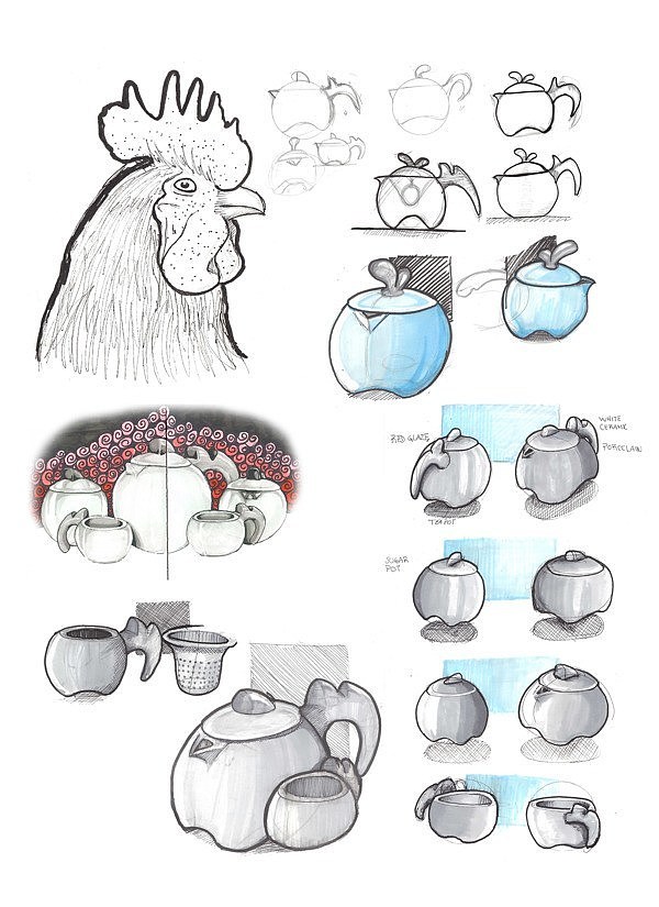可爱，公鸡，茶壶，茶杯，设计，