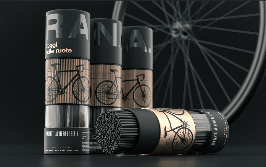 Black spaghetti，Bicycle banner shape，cylindrical shape，High end products，Pasta manufacturer Rana，