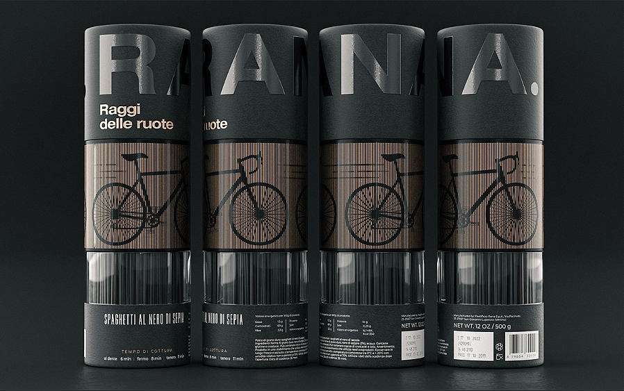 Black spaghetti，Bicycle banner shape，cylindrical shape，High end products，Pasta manufacturer Rana，