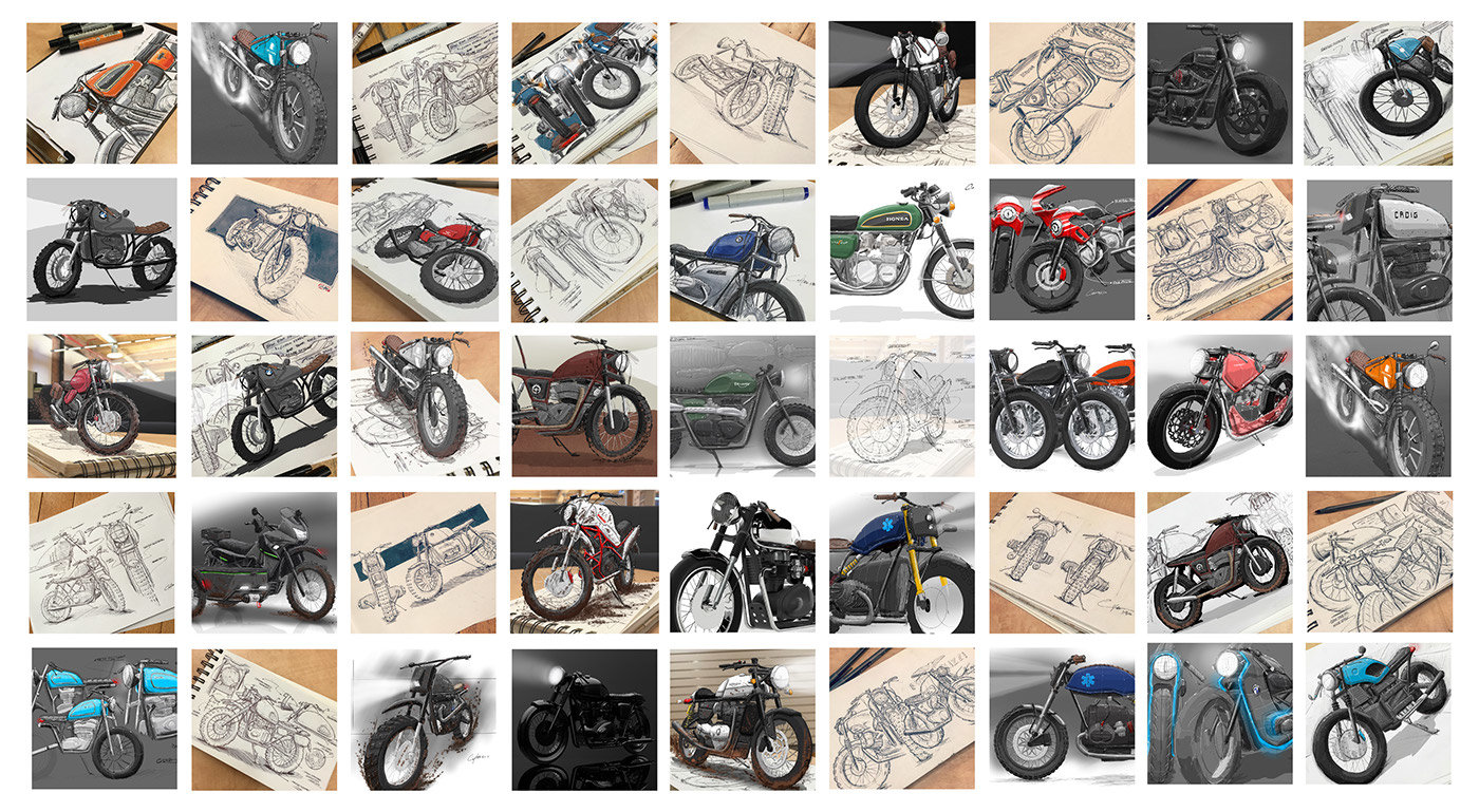 motorcycle，locomotive，3D modeling，Hand drawn manuscript，Design draft，