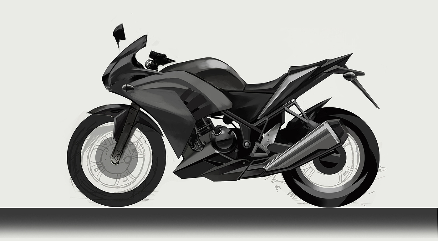 Hand drawn rendering of motorcycle，