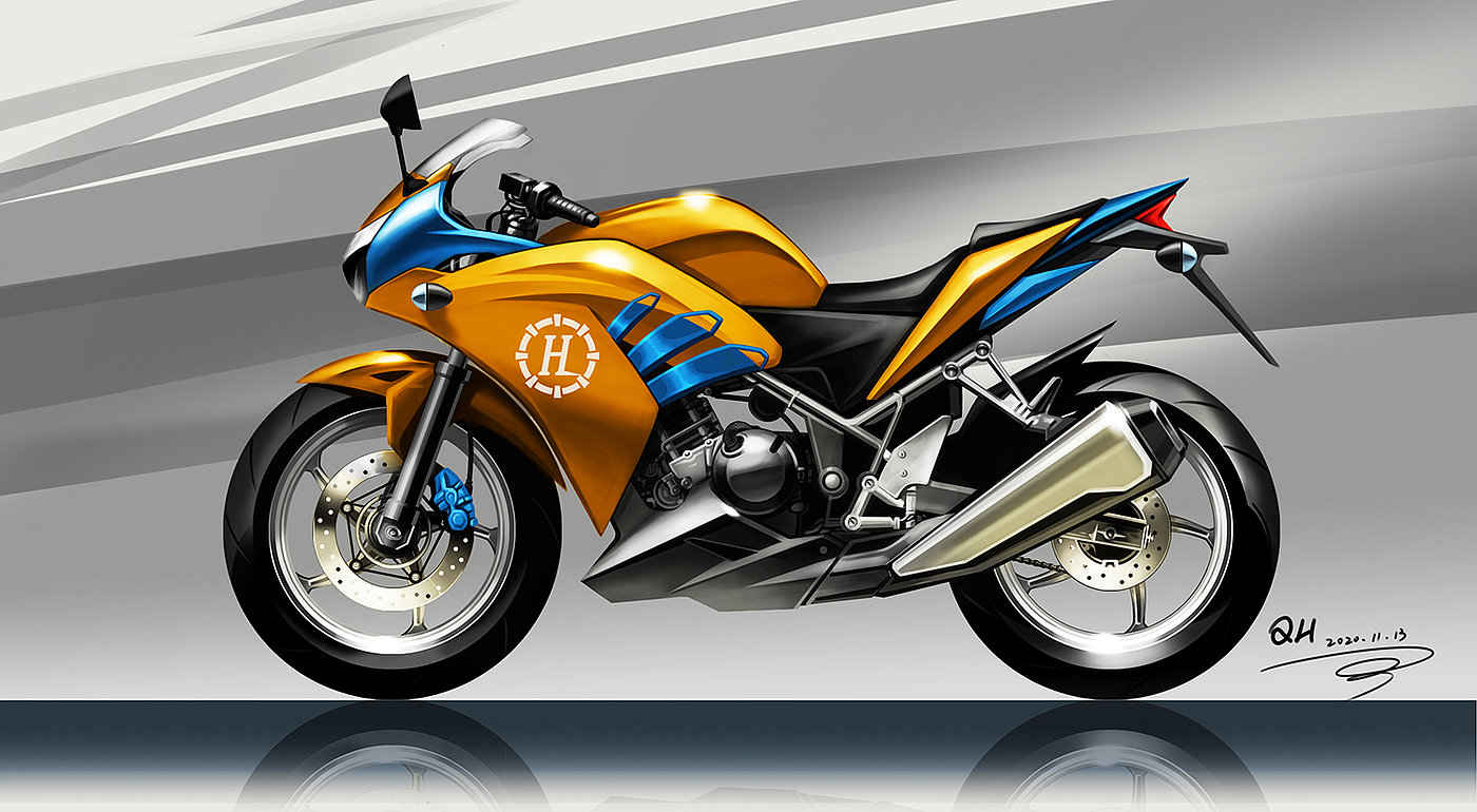 Hand drawn rendering of motorcycle，