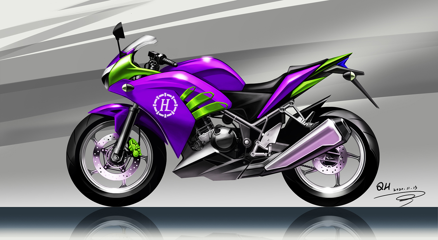 Hand drawn rendering of motorcycle，