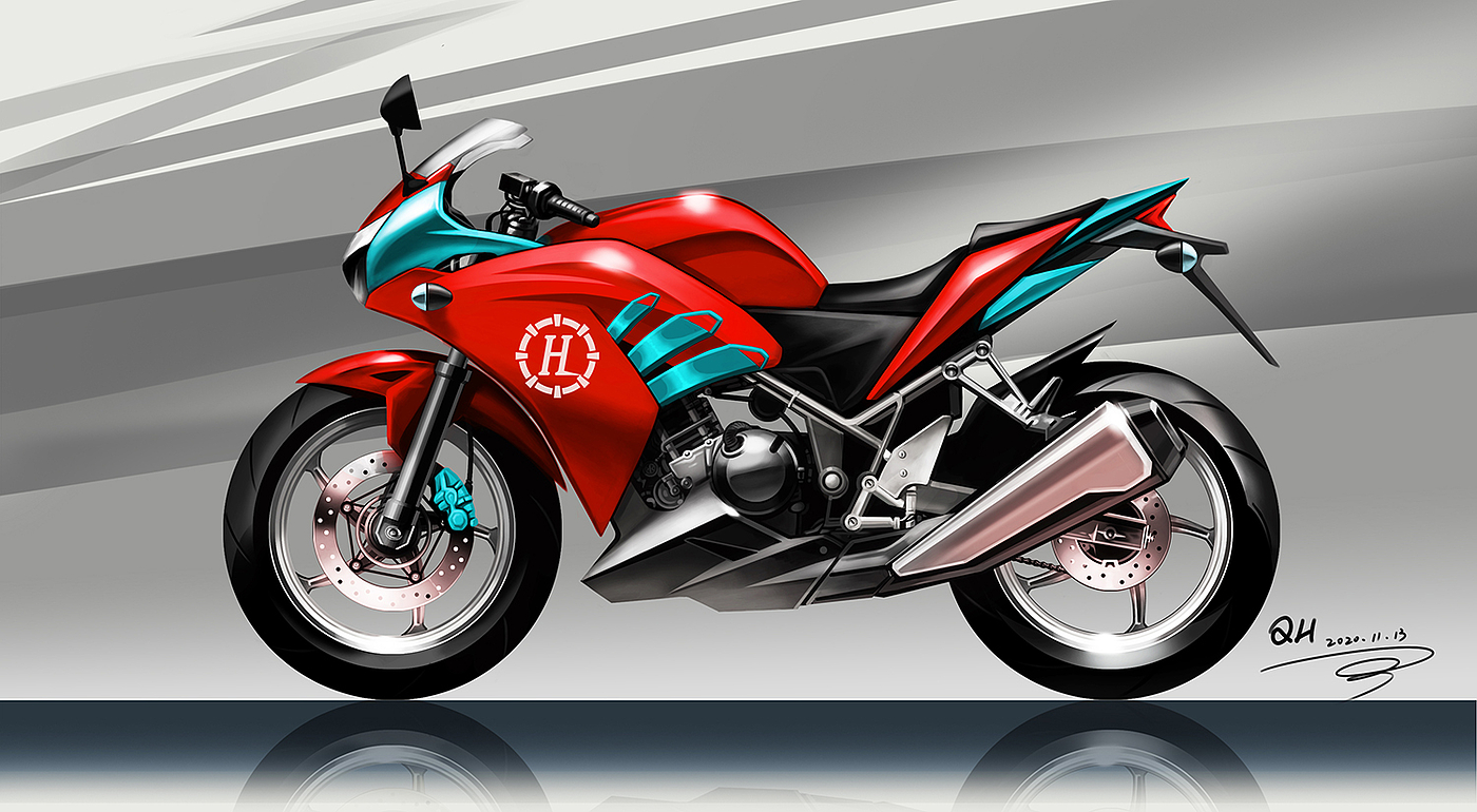 Hand drawn rendering of motorcycle，
