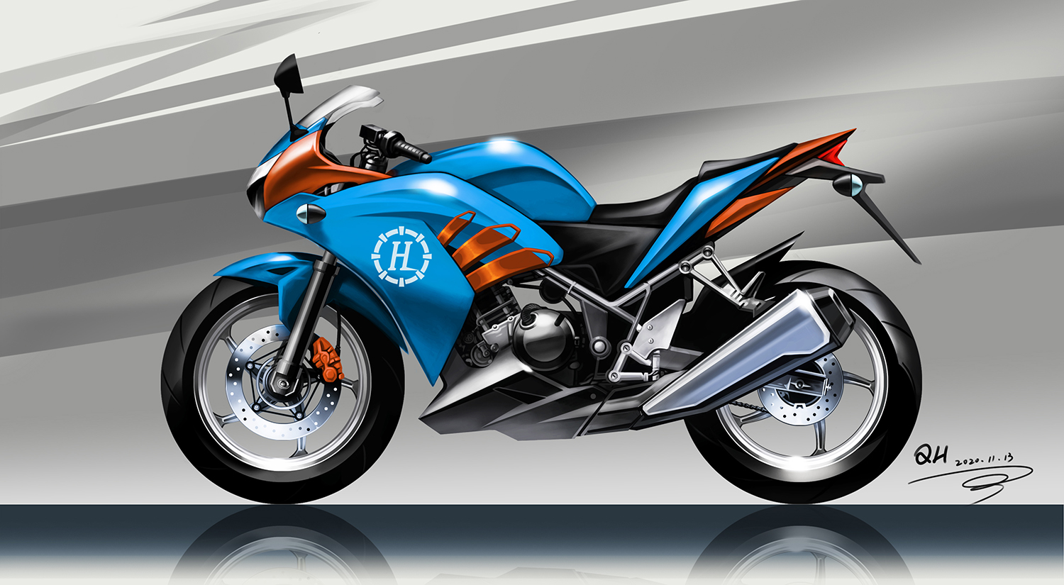 Hand drawn rendering of motorcycle，