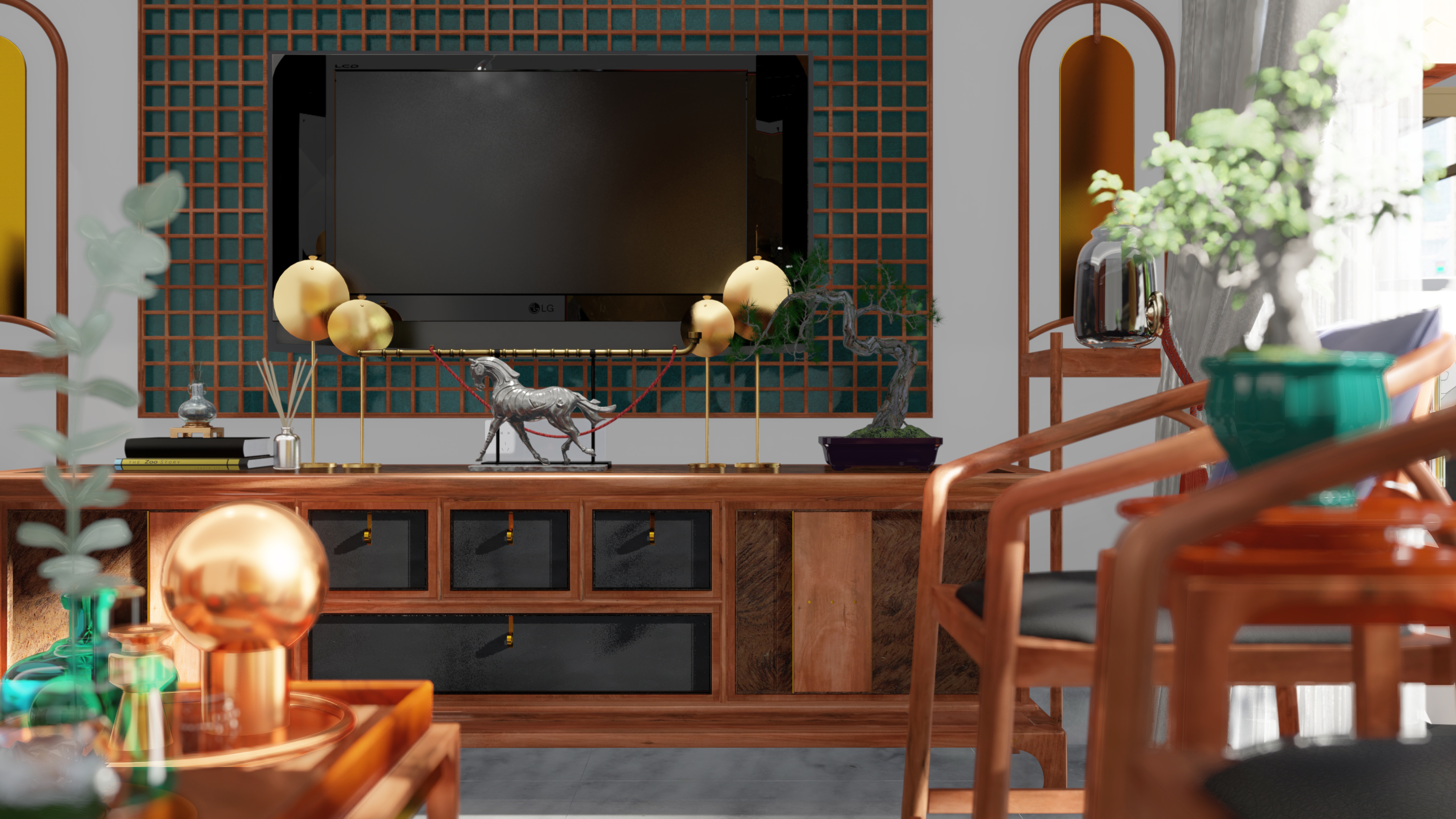 furniture design ，Interior design，New Chinese style，Lingnan style，Solid wood furniture，Soft decoration design，Space animation，