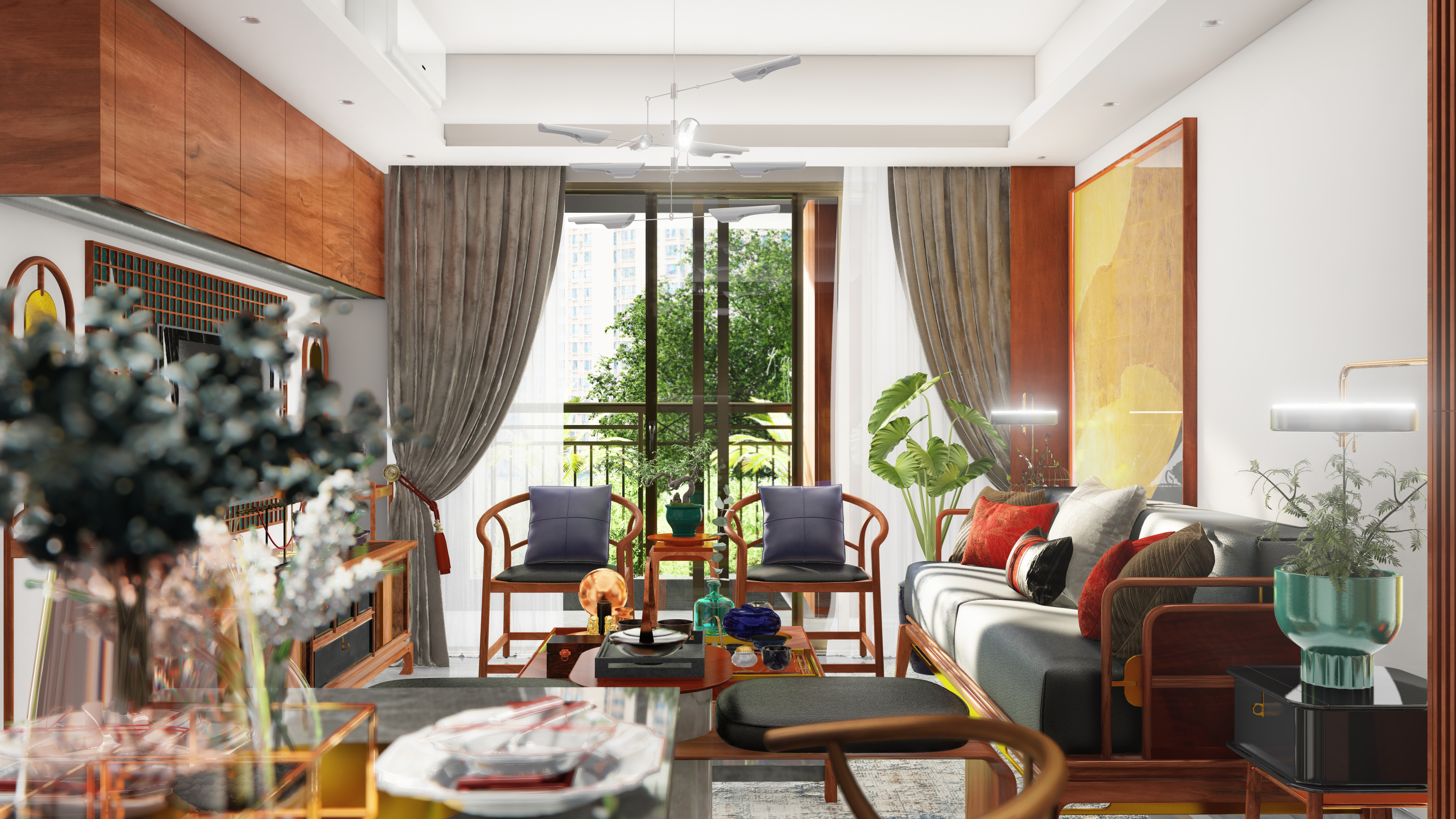 furniture design ，Interior design，New Chinese style，Lingnan style，Solid wood furniture，Soft decoration design，Space animation，