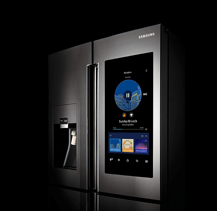 Samsung，4 door refrigerator，WiFi connection，Large LED touch screen，household electrical appliances，industrial design，