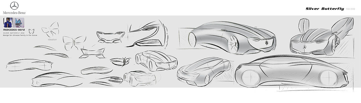 mercedes，Benz，Silver Butterfly，Concept car design，Hand drawn，industrial design，