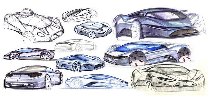 汽车设计，手绘草图，