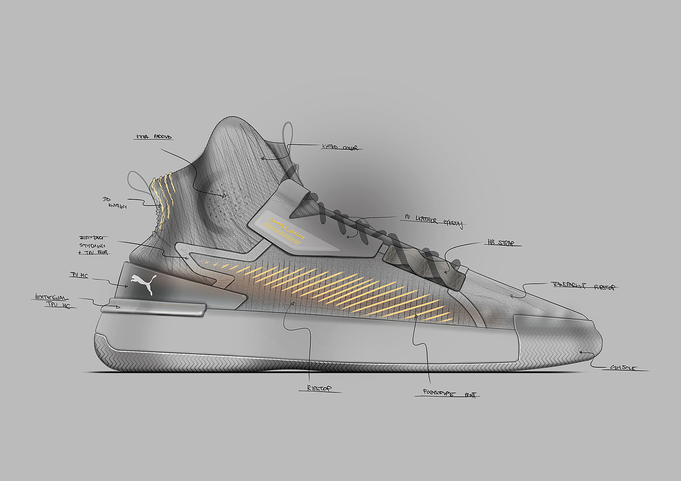 Puma，Basketball shoes，Hand drawn，2d rendering，