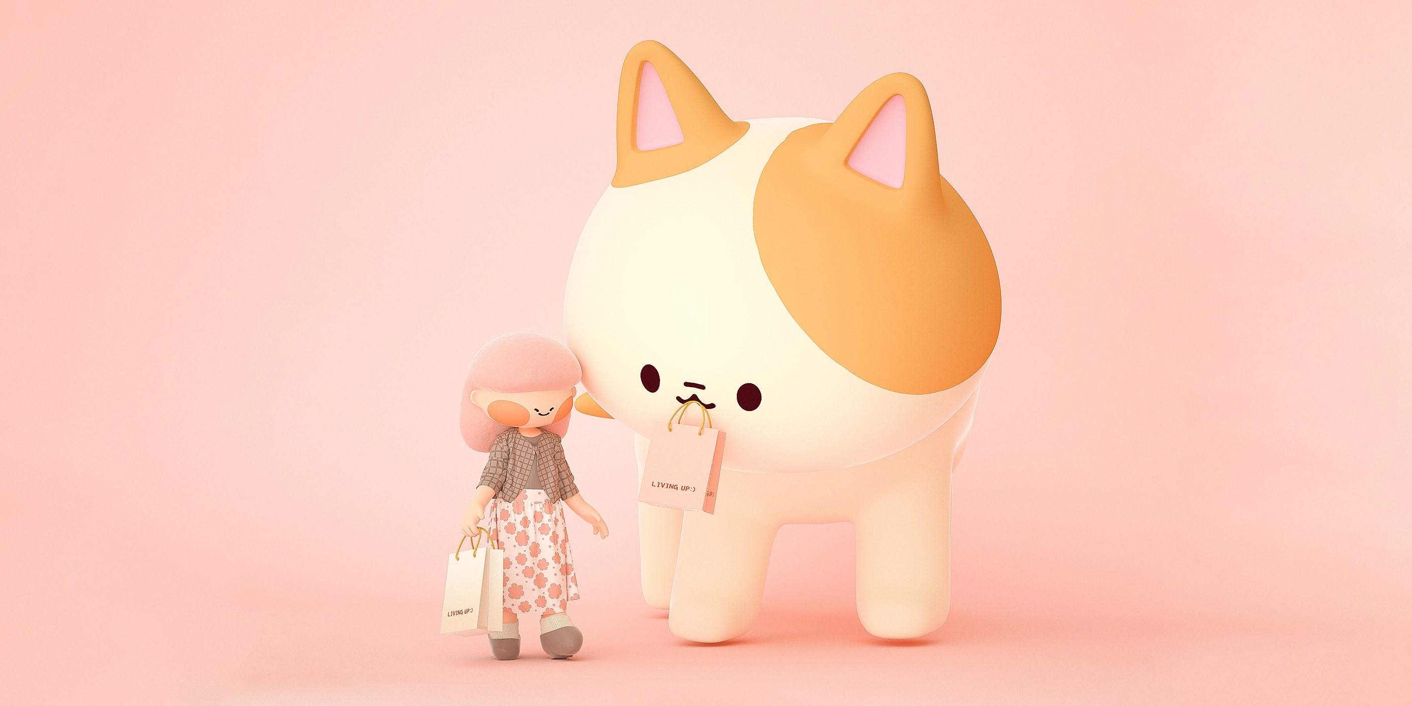 c4d，Character design，cat，Cartoon characters，mascot design ，quadratic element，3D characters，C4D characters，