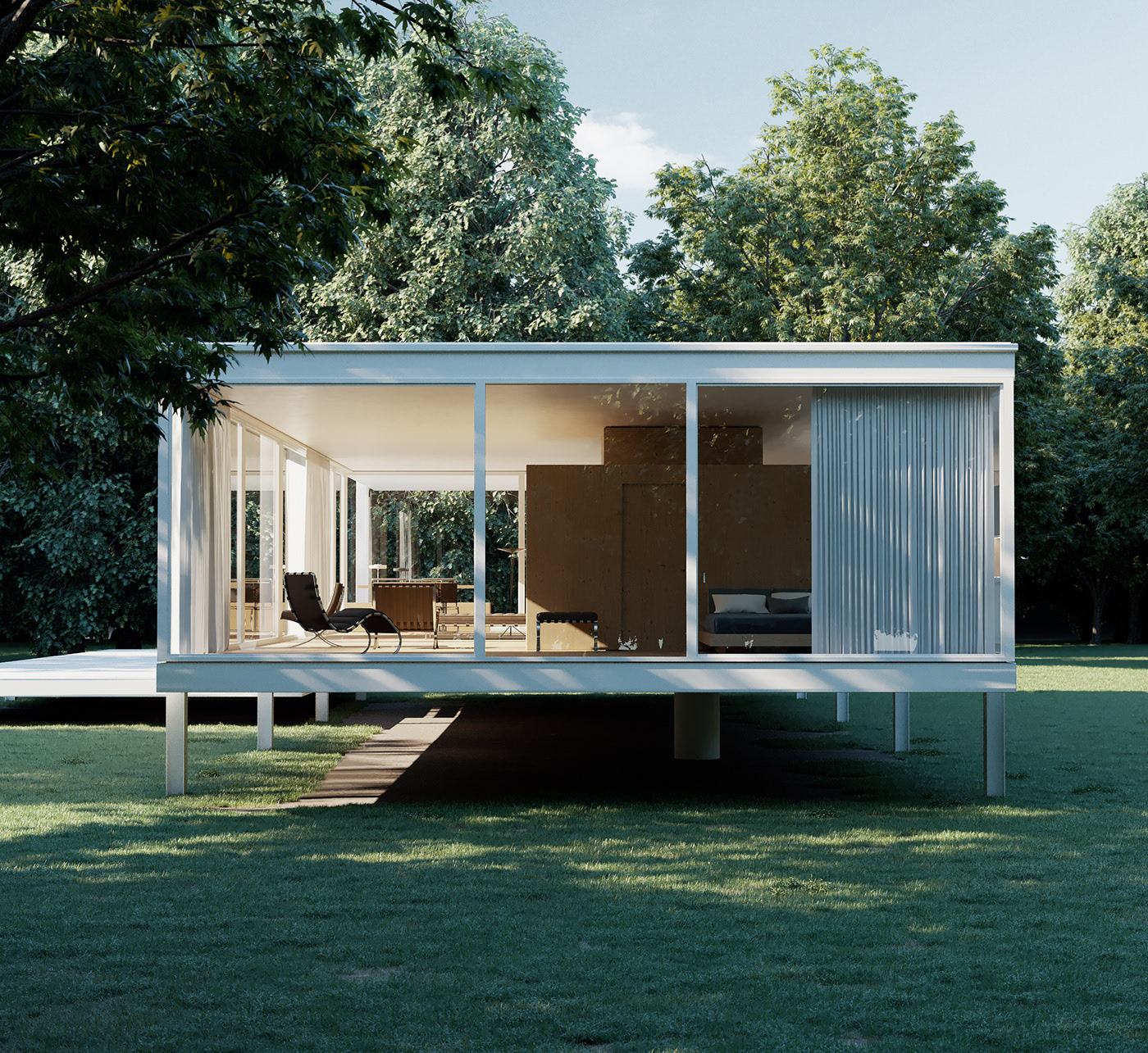 Farnsworth House，outdoors，Floor glass window，Eddis Farnsworth，classic，Minimalism，
