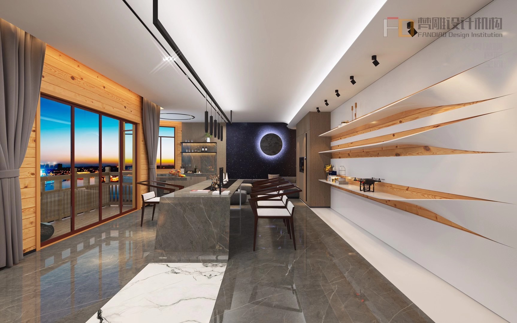 Reception room, log marble, tea art，