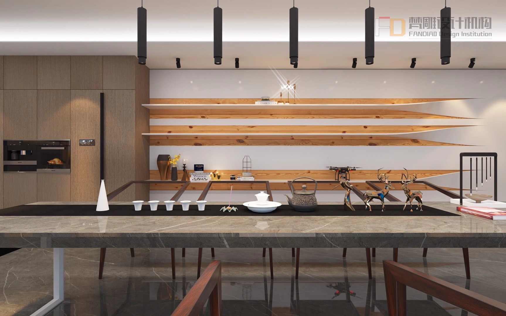 Reception room, log marble, tea art，