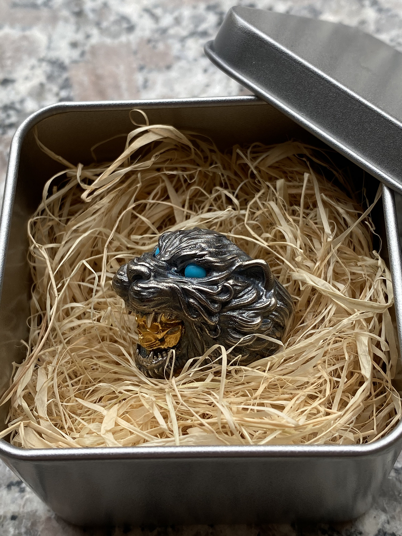 Ring，carving，tiger，Turquoise，gold-plated，