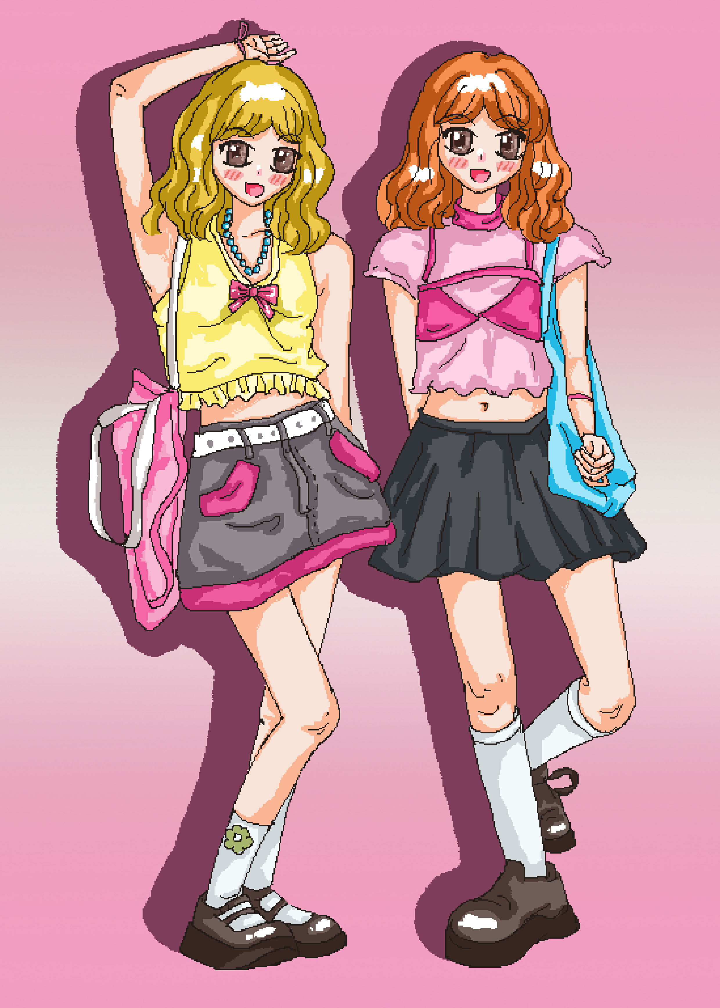 Pixel painting，beautiful girl，Ins wind，Retro American，Illustration，Steam wave，painting，y2k，