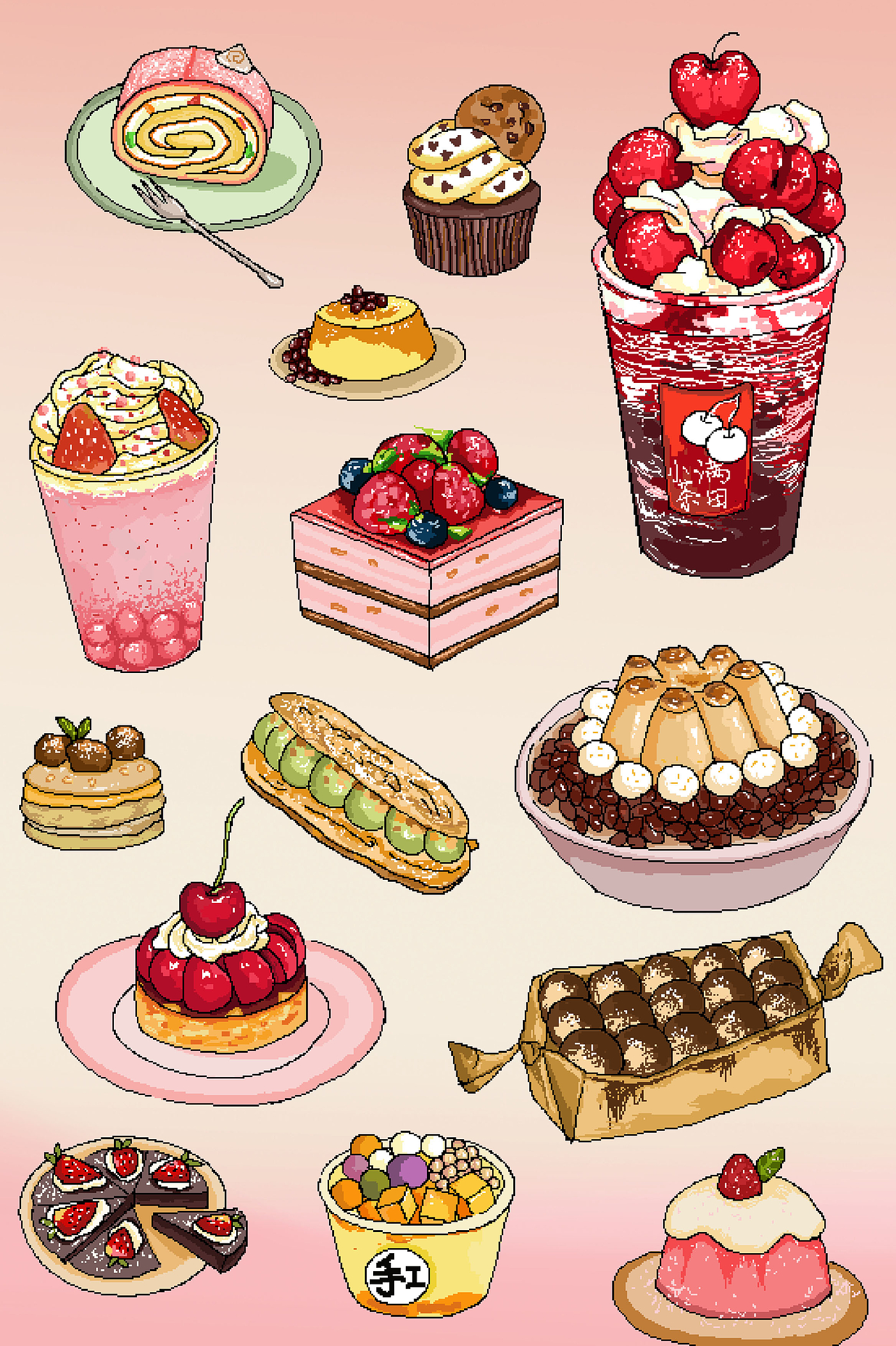 Pixel painting，Dessert，Strawberry Cake，Korean material，