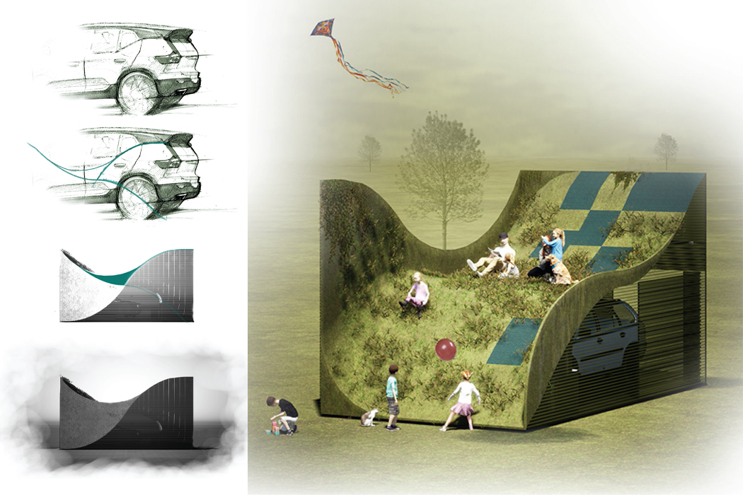 garage，sustainable，ecology，Parking lot，solar energy，Volvo，