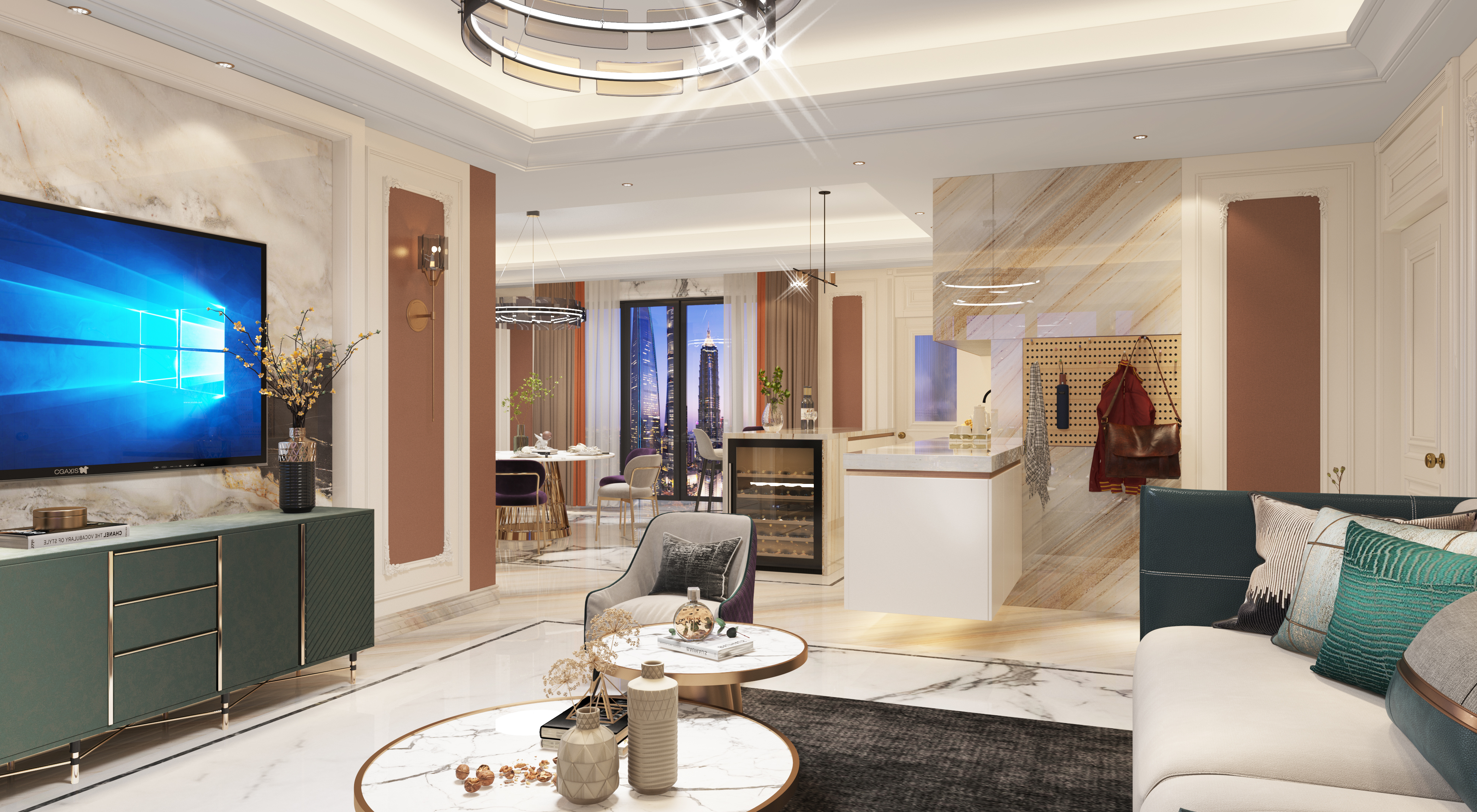 White paint, marble, chandelier，