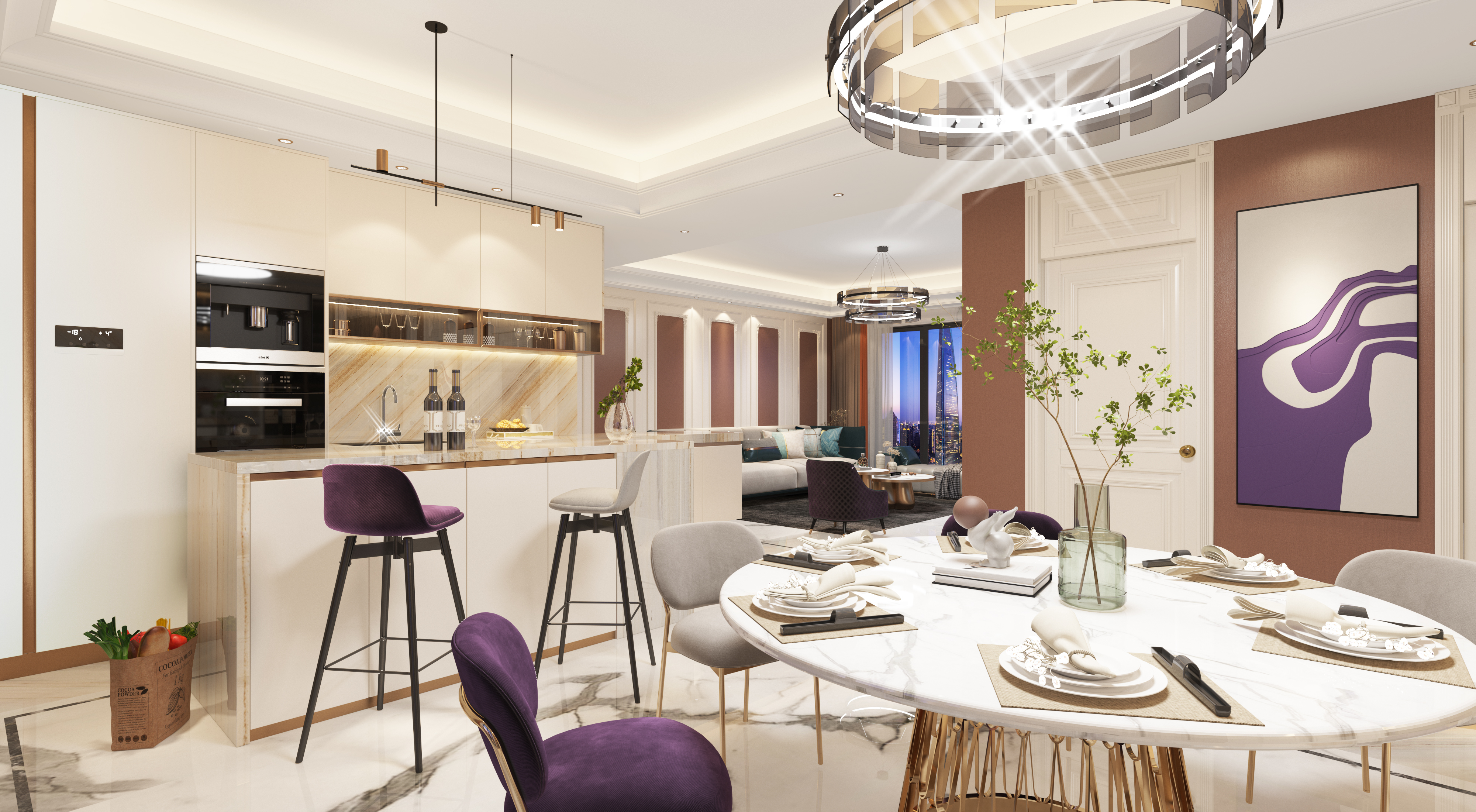 White paint, marble, chandelier，