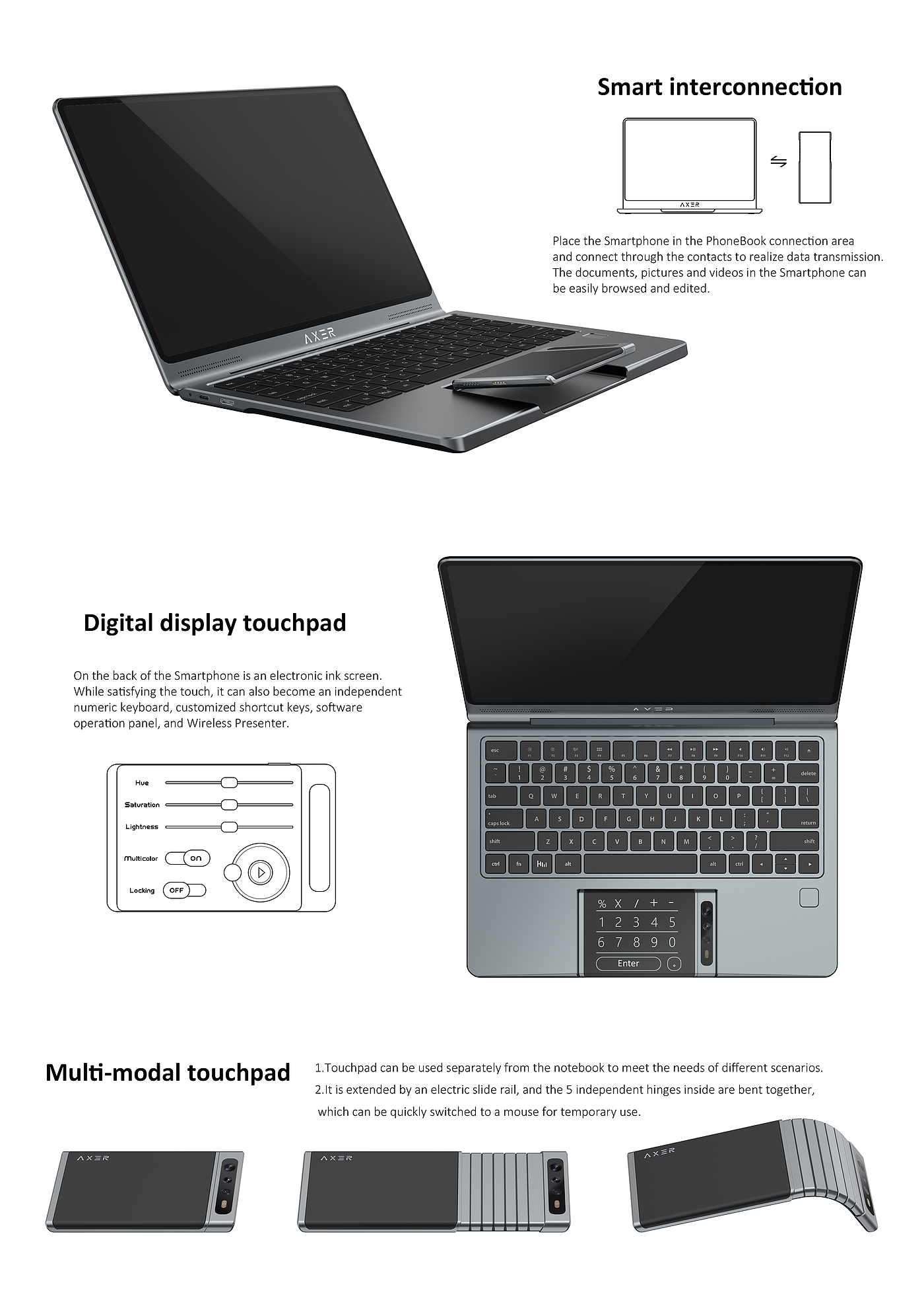 Crimp screen，mobile phone，notebook，Wireless charging，mouse，Global China Design Award Gold Award，AXER，