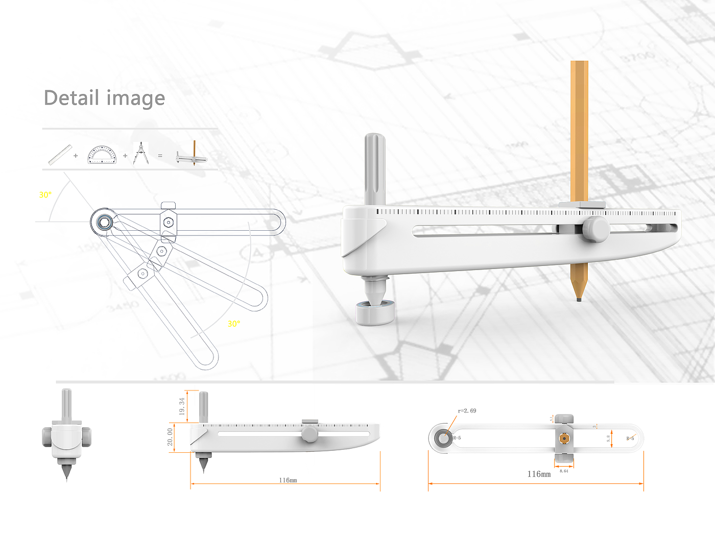 Compass, scale, protractor, stationery design，