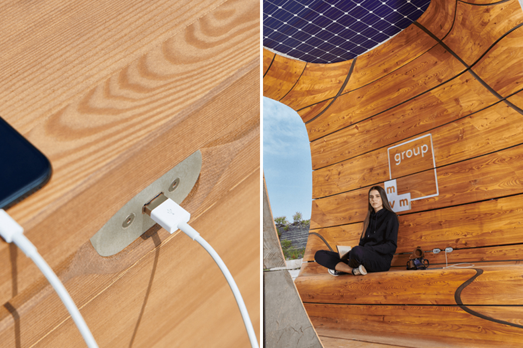 Hello Wood，bench，communal facilities，Solar charging socket，WiFi hotspot，