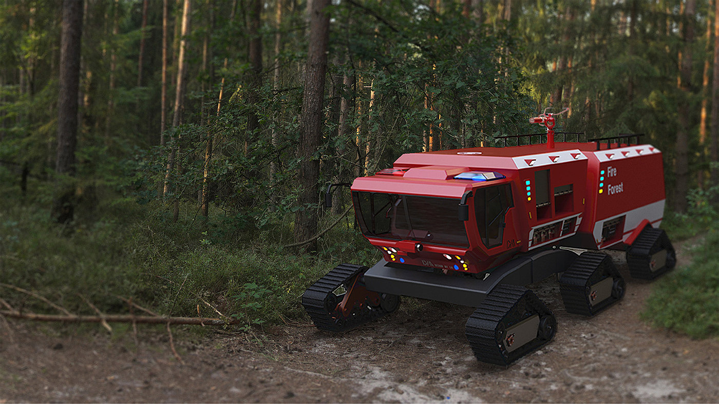 fire engine，industrial design，Large equipment，forest，Modular design，