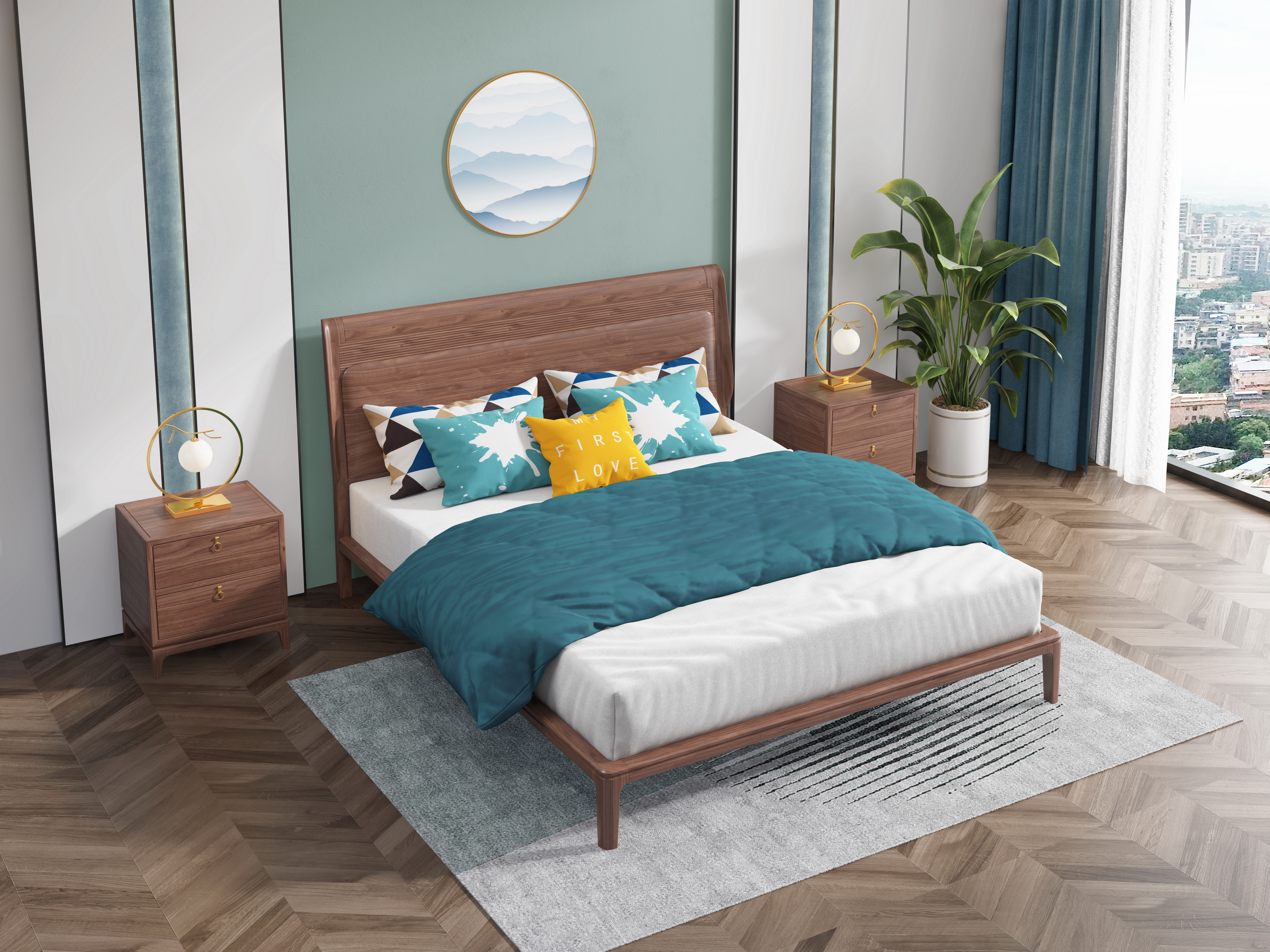Chinese bed，Solid wood bed，bedside cupboard，Furniture modeling，Furniture rendering，furniture design ，Antique Valley fragrance，Product modeling，