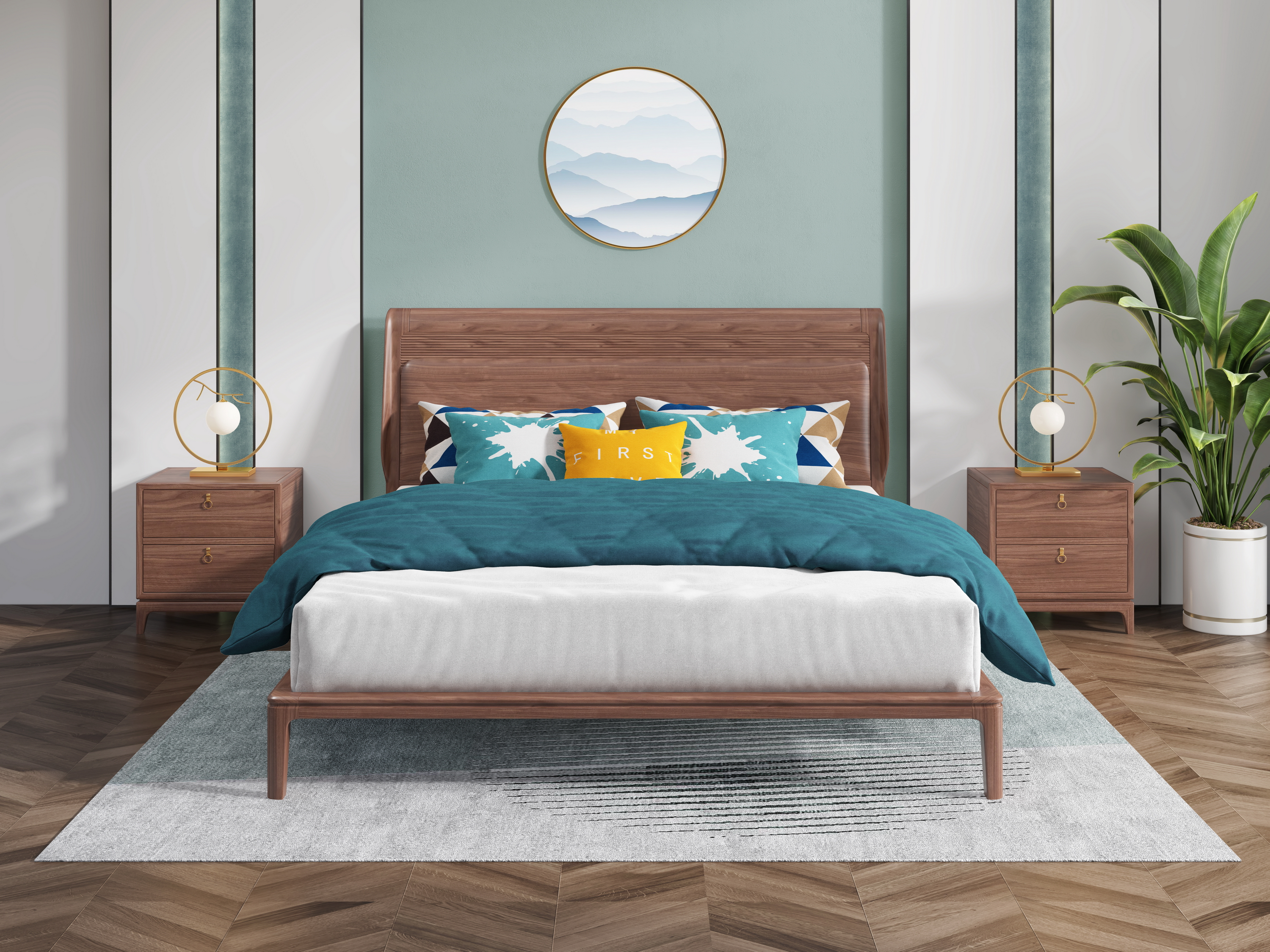 Chinese bed，Solid wood bed，bedside cupboard，Furniture modeling，Furniture rendering，furniture design ，Antique Valley fragrance，Product modeling，