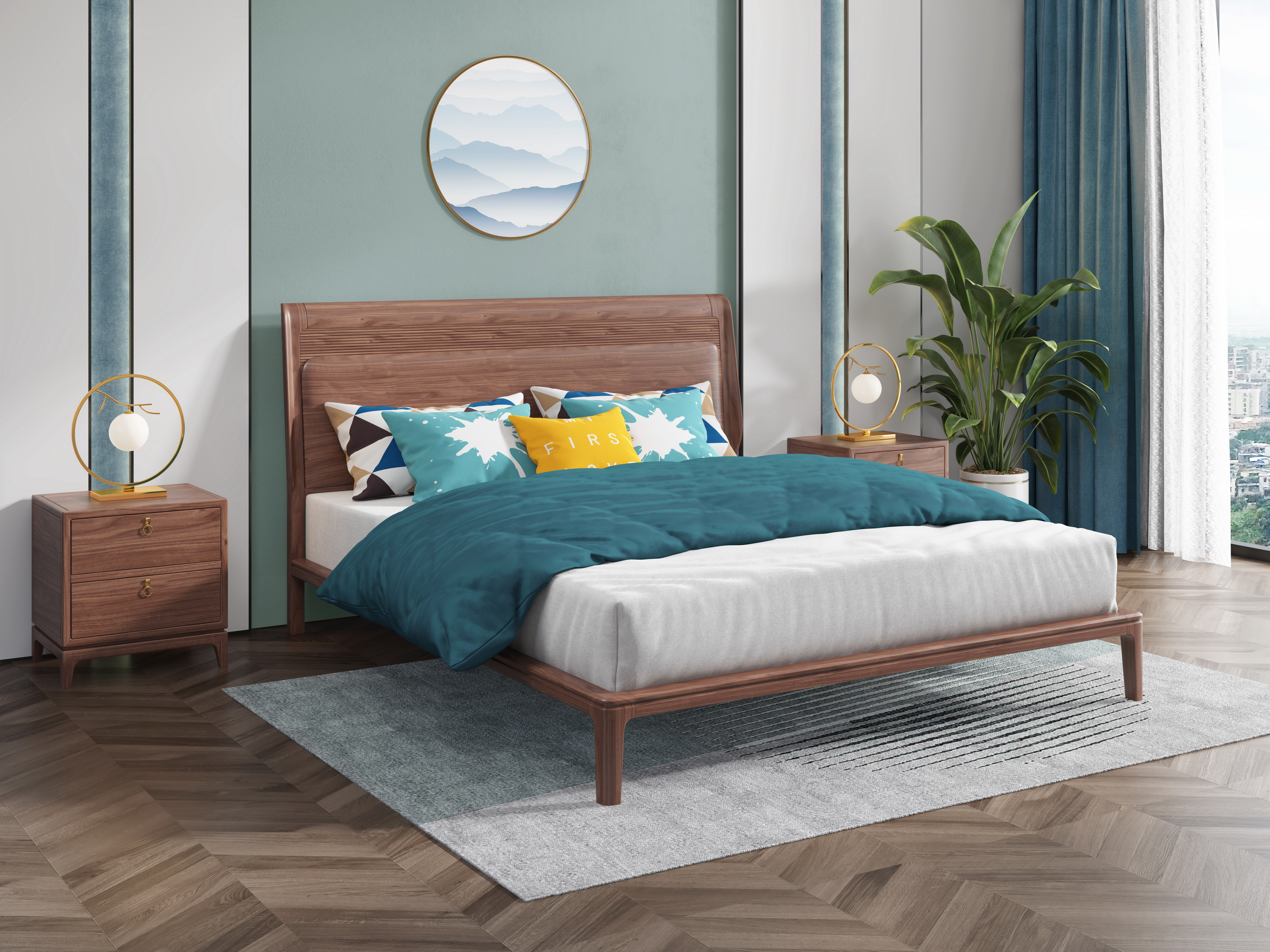 Chinese bed，Solid wood bed，bedside cupboard，Furniture modeling，Furniture rendering，furniture design ，Antique Valley fragrance，Product modeling，