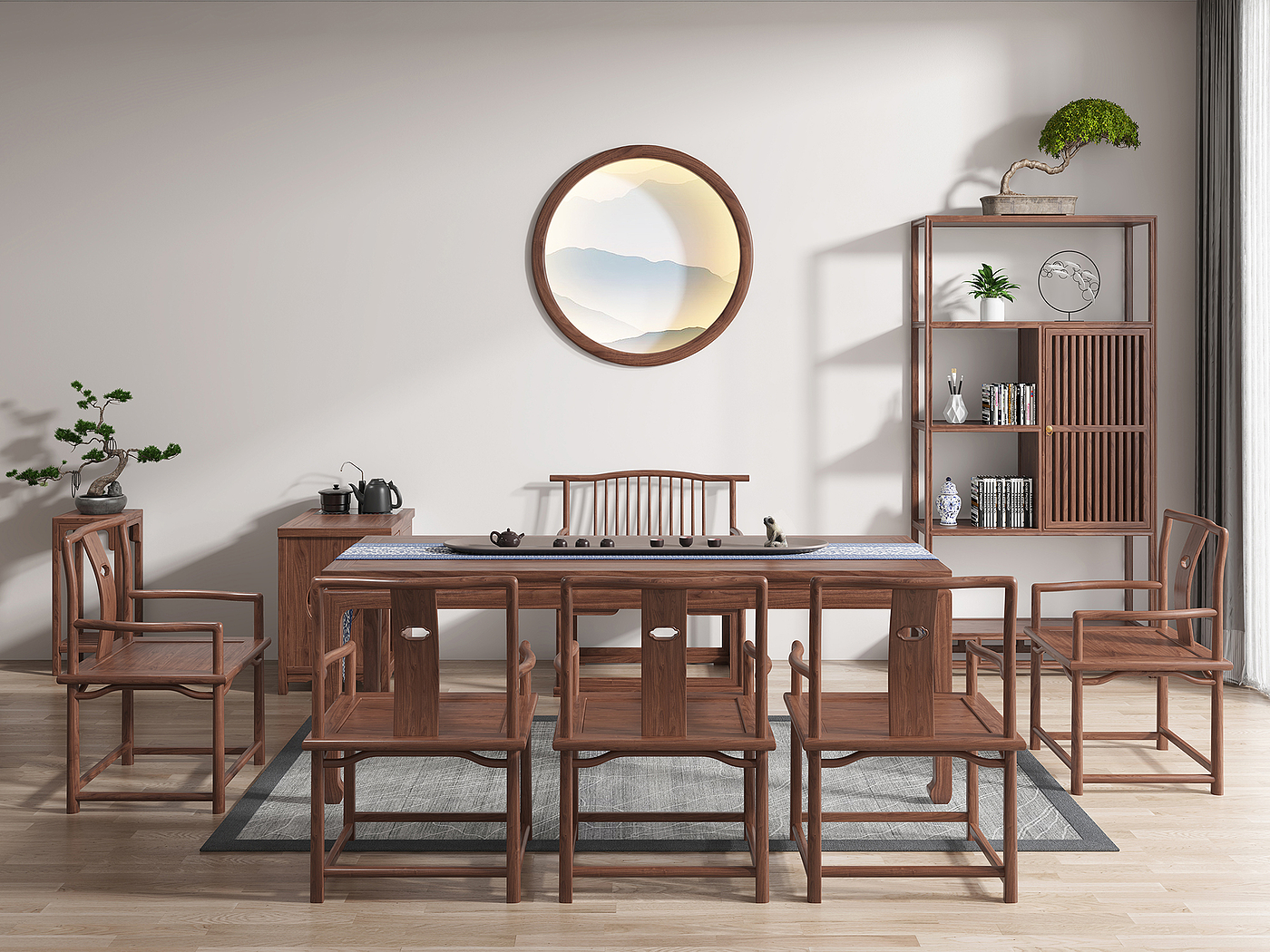 Chinese furniture，Chinese dining table，Chinese dining chair，Chinese tea table，antique-and-curio shelves，Sideboard，Furniture modeling，Furniture rendering，