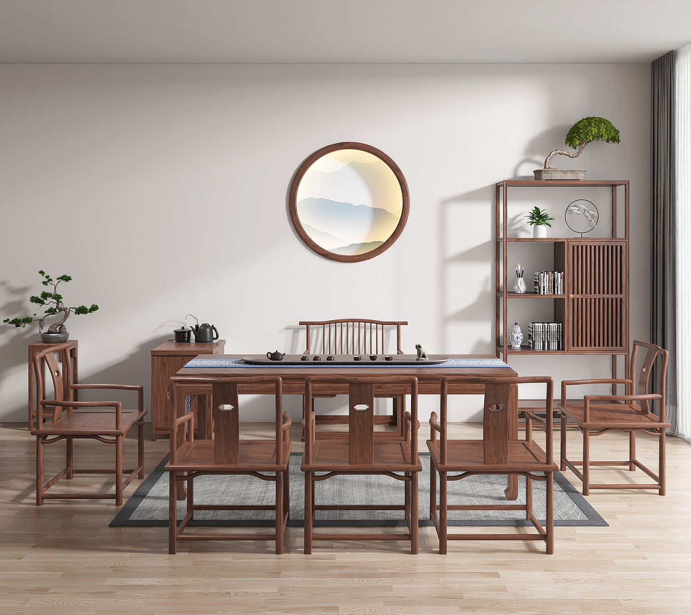 Chinese furniture，Chinese dining table，Chinese dining chair，Chinese tea table，antique-and-curio shelves，Sideboard，Furniture modeling，Furniture rendering，