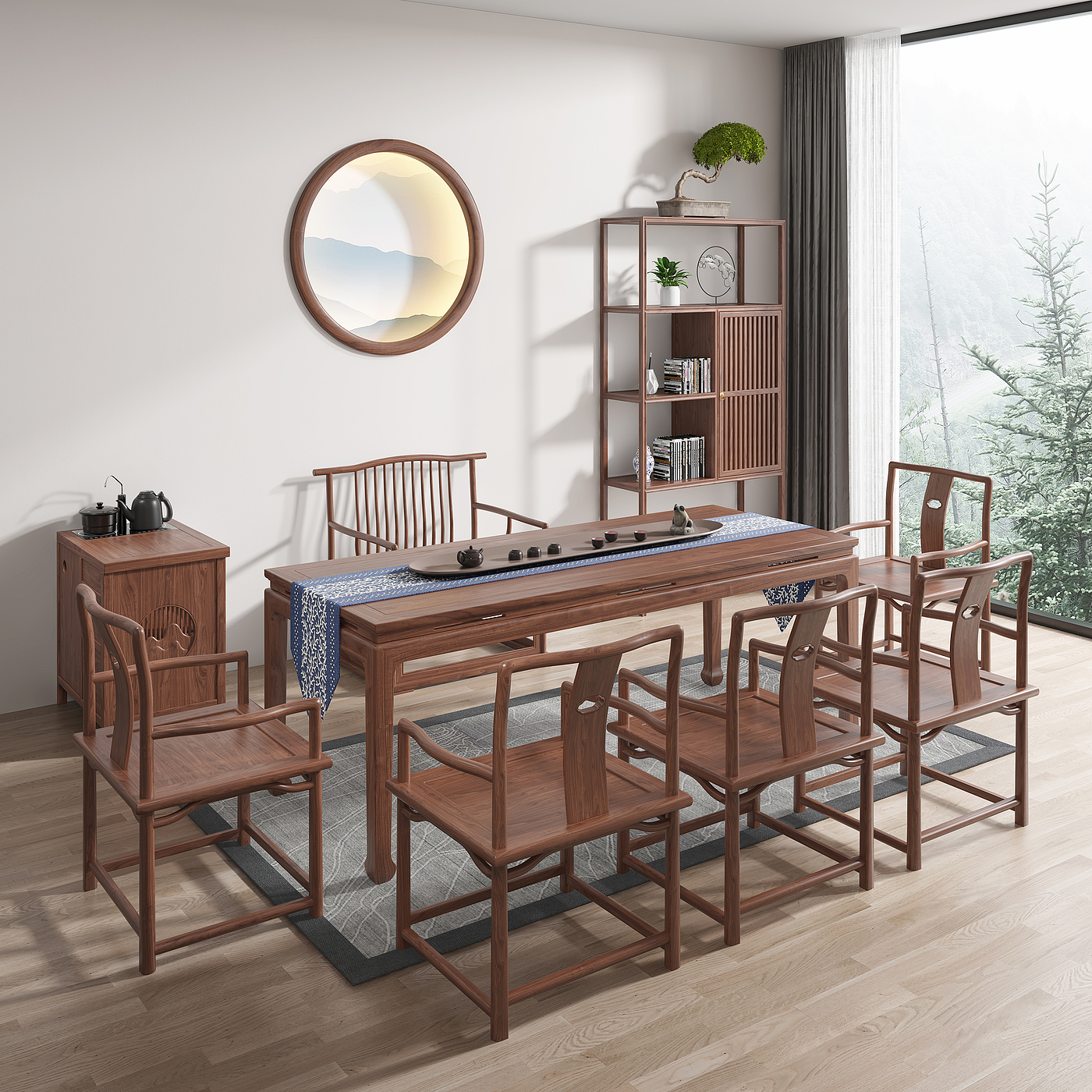 Chinese furniture，Chinese dining table，Chinese dining chair，Chinese tea table，antique-and-curio shelves，Sideboard，Furniture modeling，Furniture rendering，