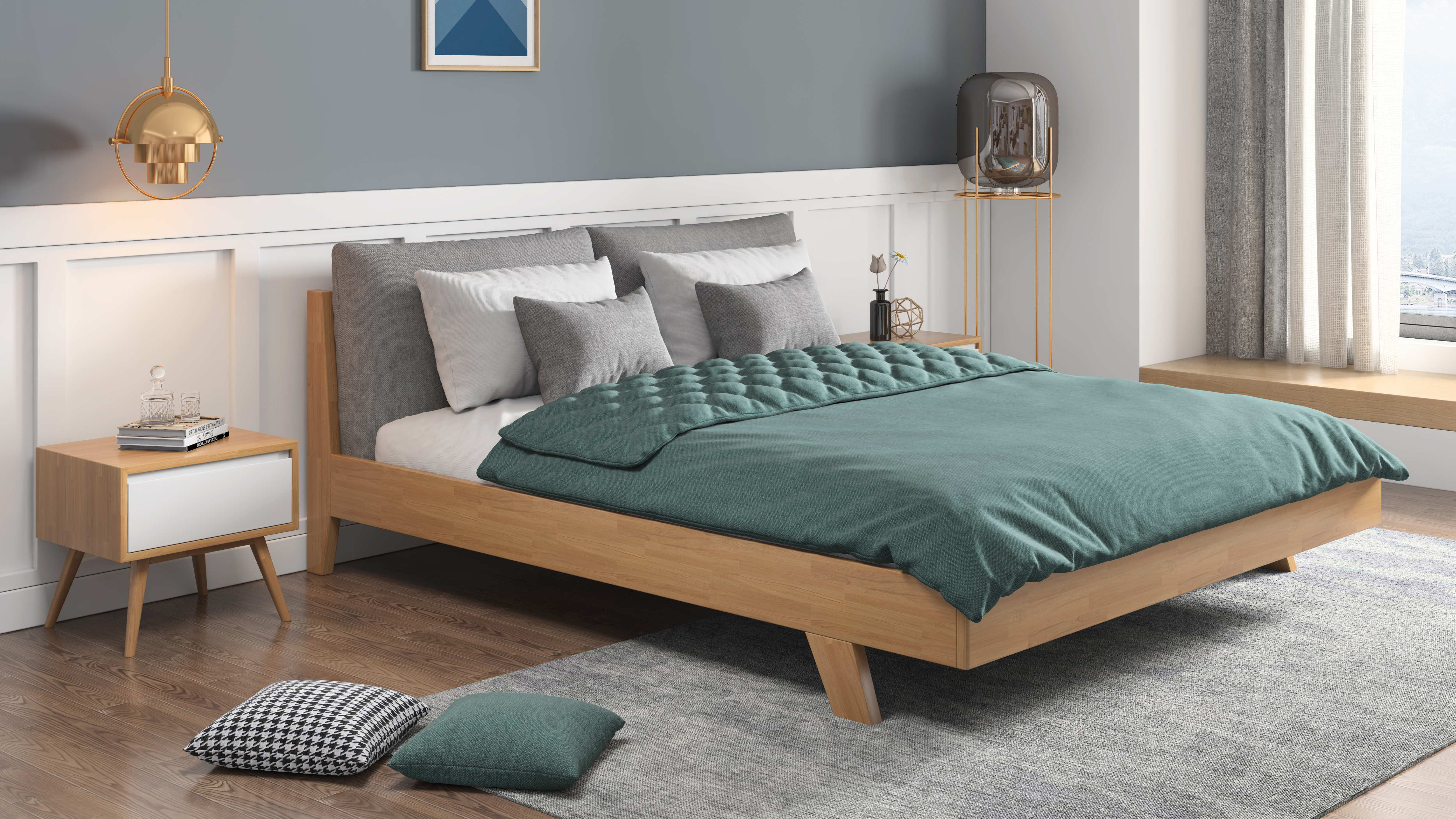 Solid wood bed modeling and rendering tutorial，Bed，Furniture modeling and rendering tutorial，furniture design ，product design，Antique Valley fragrance，having an antique flavour，bedding article，