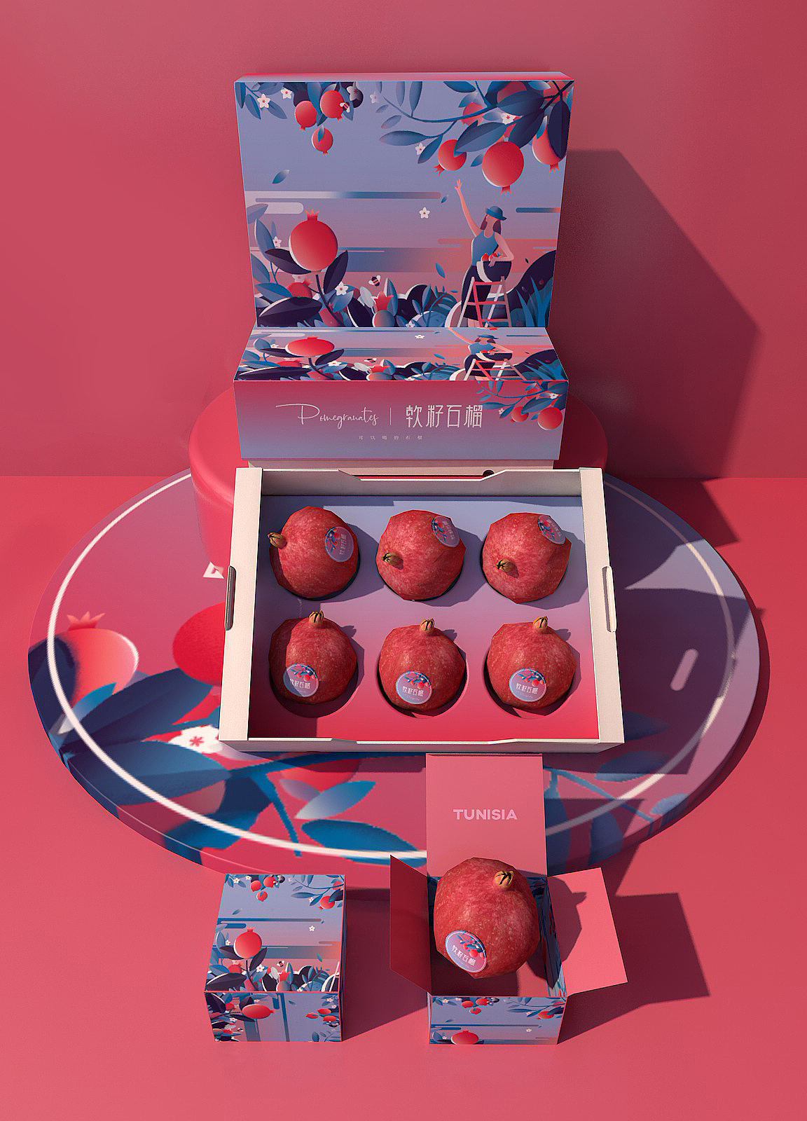 packing design，Fruit packaging，Pomegranate packaging，Gift box design，Food packaging，Fruit gift box，Green pomelo design，Tunisian soft seed pomegranate，
